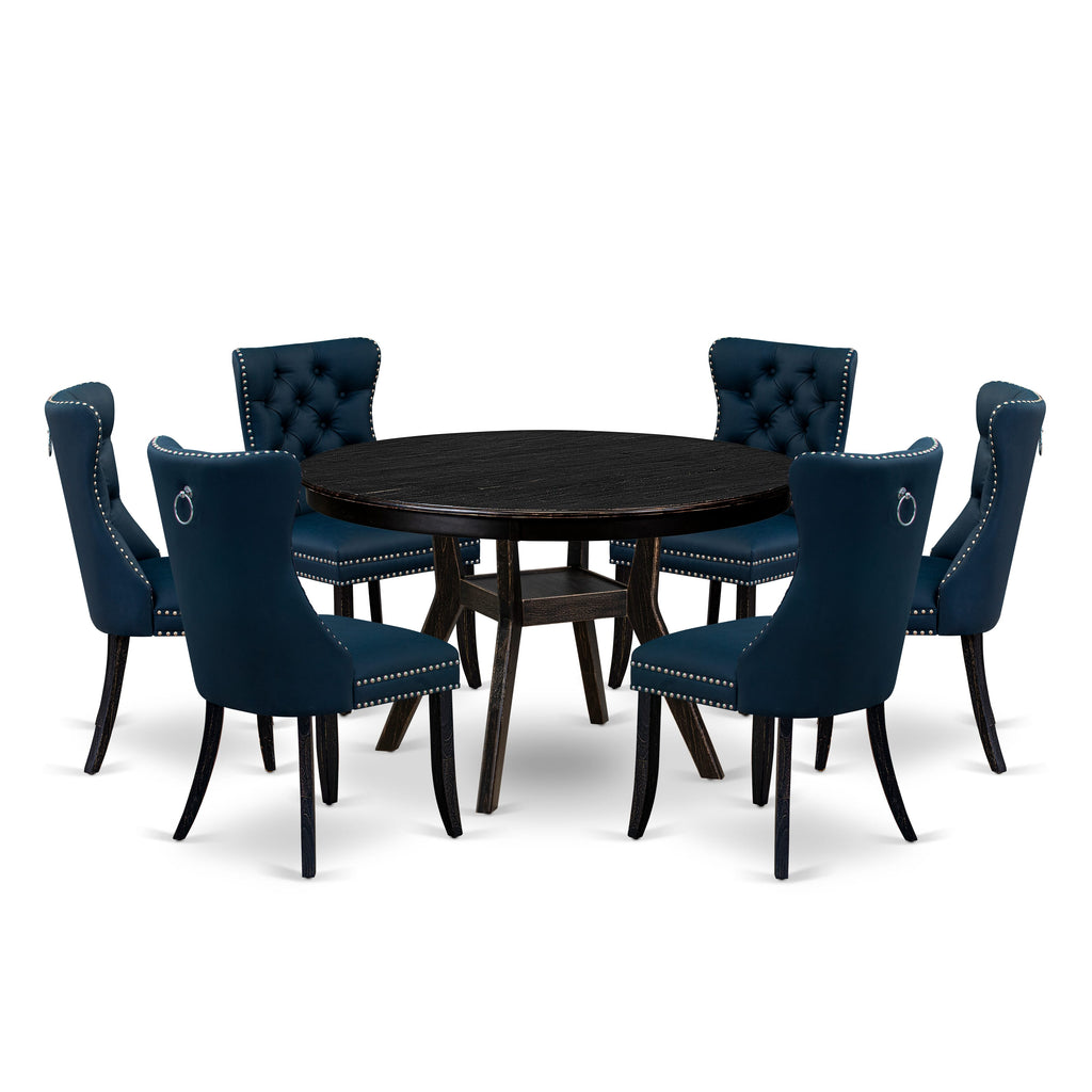 Luxe by East West Furniture F8DA7-411-29 7 Piece Dining Table Set Contains a 48" Round Table with Pedestal and 6 Navy Blue Faux Leather Upholstered Chairs, Sand Blasted Black