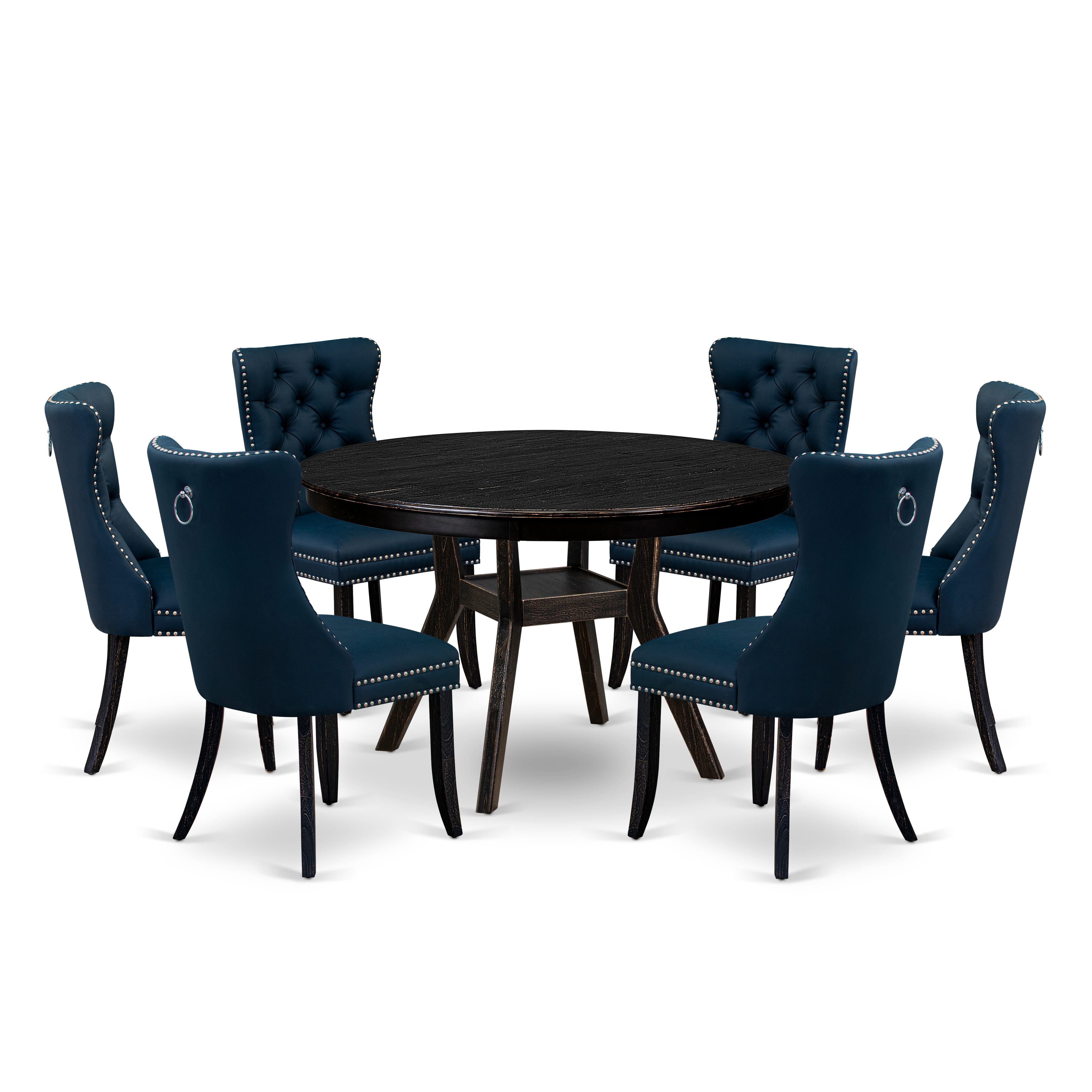 Luxe by East West Furniture F8DA7-411-29 7 Piece Dining Table Set Contains a 48" Round Table with Pedestal and 6 Navy Blue Faux Leather Upholstered Chairs, Sand Blasted Black