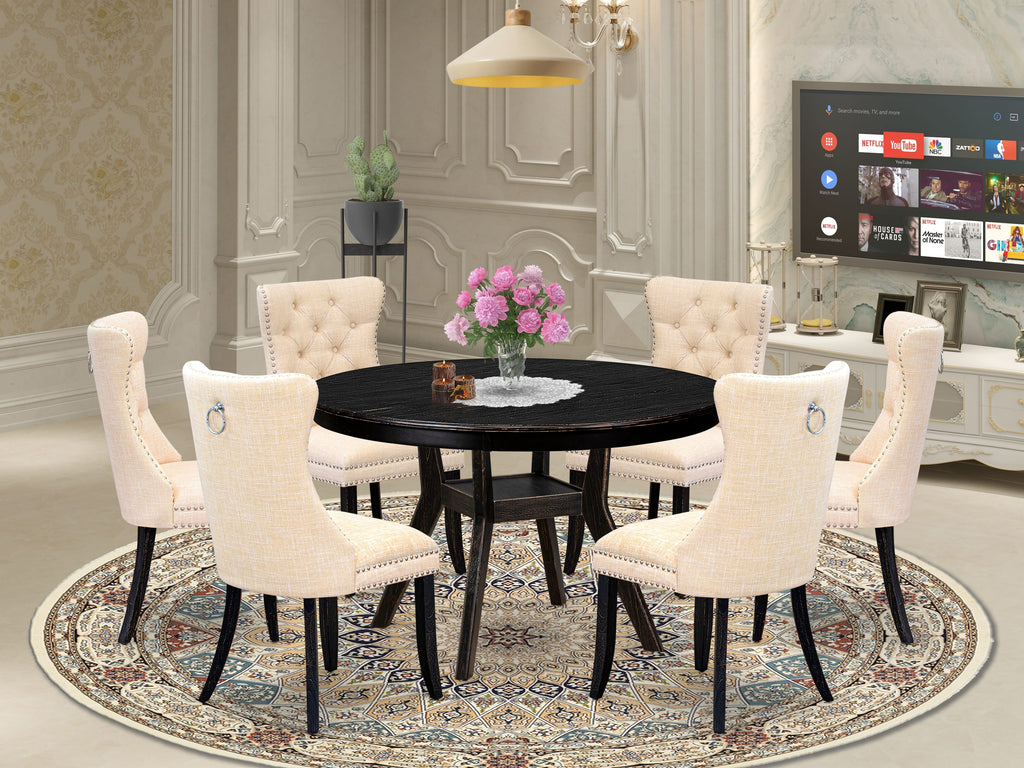 Luxe by East West Furniture F8DA7-411-32 7-piece Dining Set consists of a wood table and 6 Light Beige Linen Fabric Kitchen chair with Button Tufted Back - Sand Blasted Black