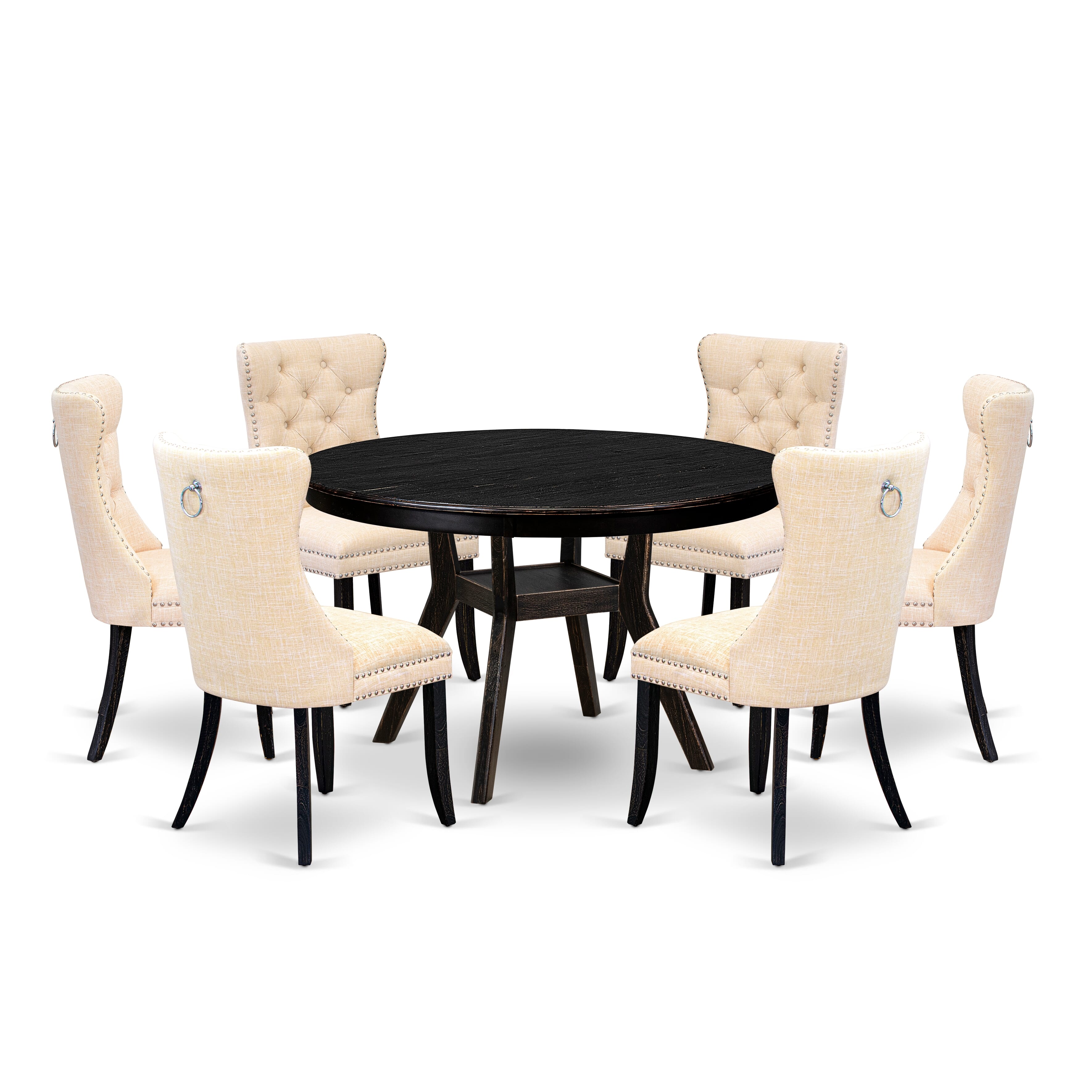 Luxe by East West Furniture F8DA7-411-32 7-piece Dining Set consists of a wood table and 6 Light Beige Linen Fabric Kitchen chair with Button Tufted Back - Sand Blasted Black