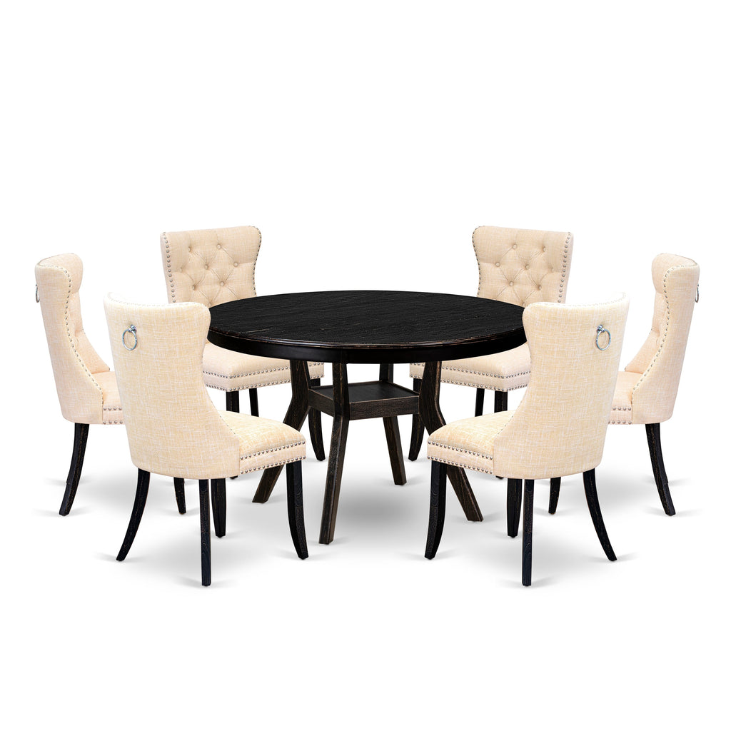 Luxe by East West Furniture F8DA7-411-32 7-piece Dining Set consists of a wood table and 6 Light Beige Linen Fabric Kitchen chair with Button Tufted Back - Sand Blasted Black