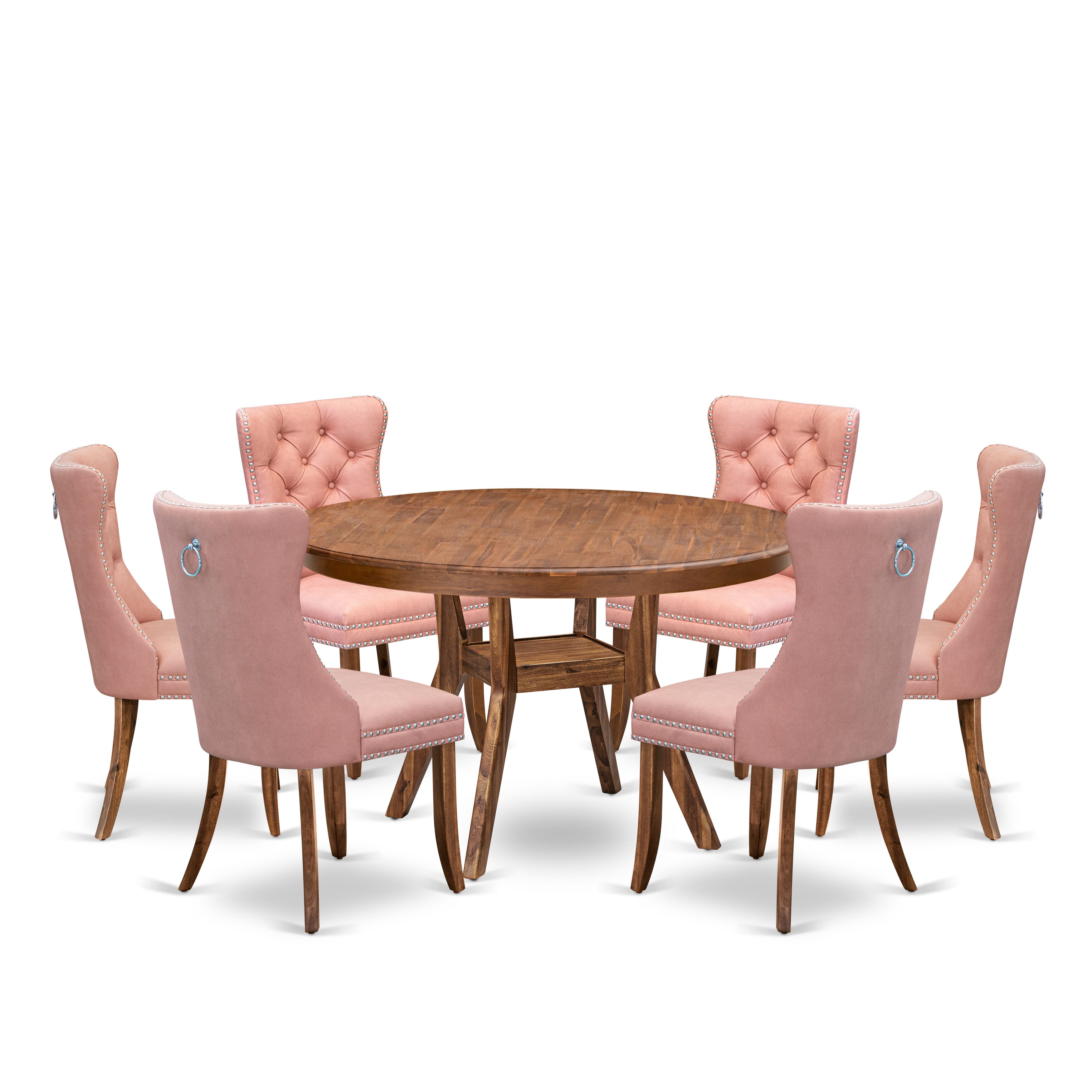 Luxe by East West Furniture F8DA7-50N-23 7-Pc Modern Dining Set Consist a Dinner Table and 6 Beige Red Faux Leather Upholstered Chairs with Button-Tufted Back, Antique Walnut