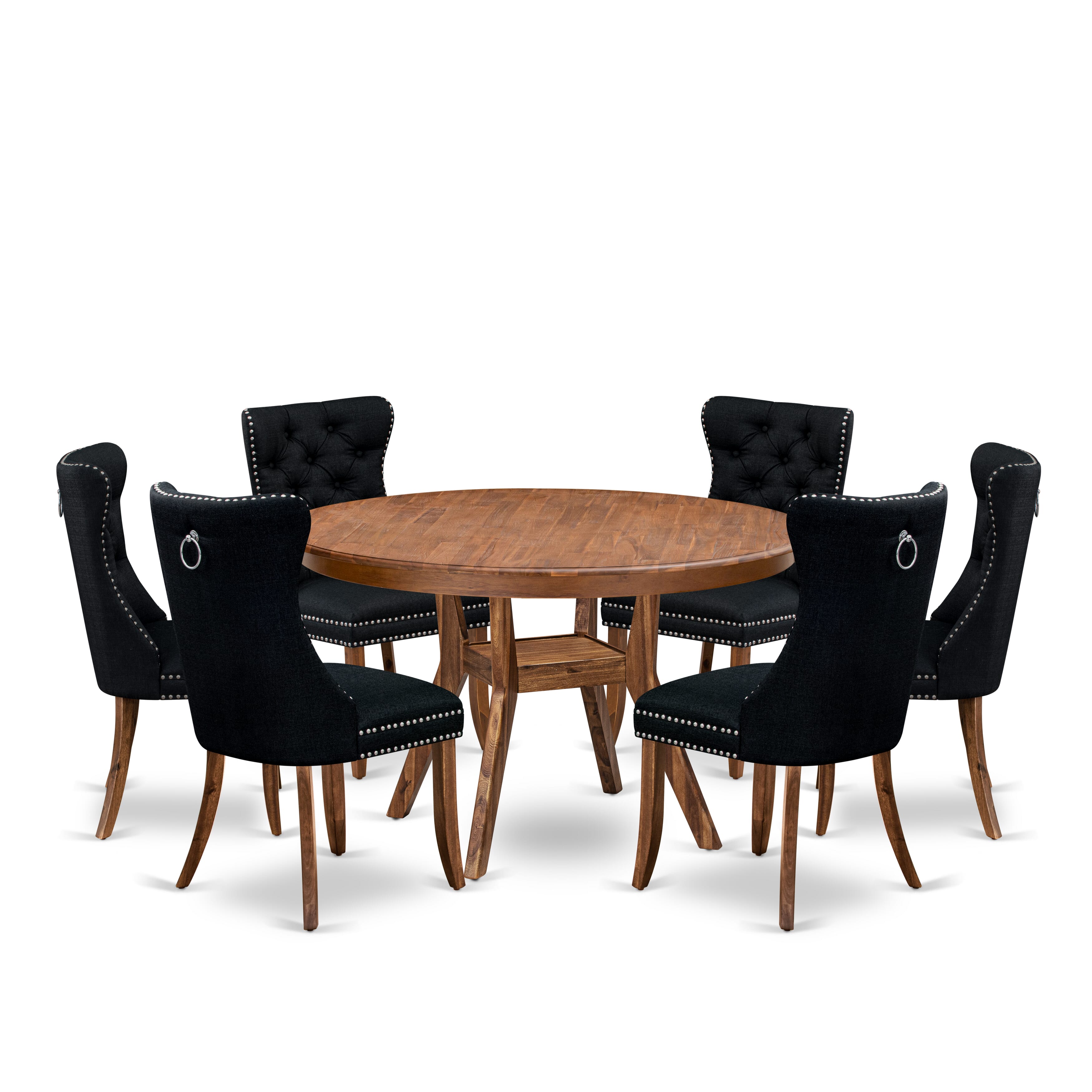 Luxe by East West Furniture F8DA7-50N-24 7-Piece Mid Century Kitchen Set with Linen Fabric 6 Black Dining chairs, Button-Tufted Backs, and a 54"Round Table in Antique Walnut Finish.