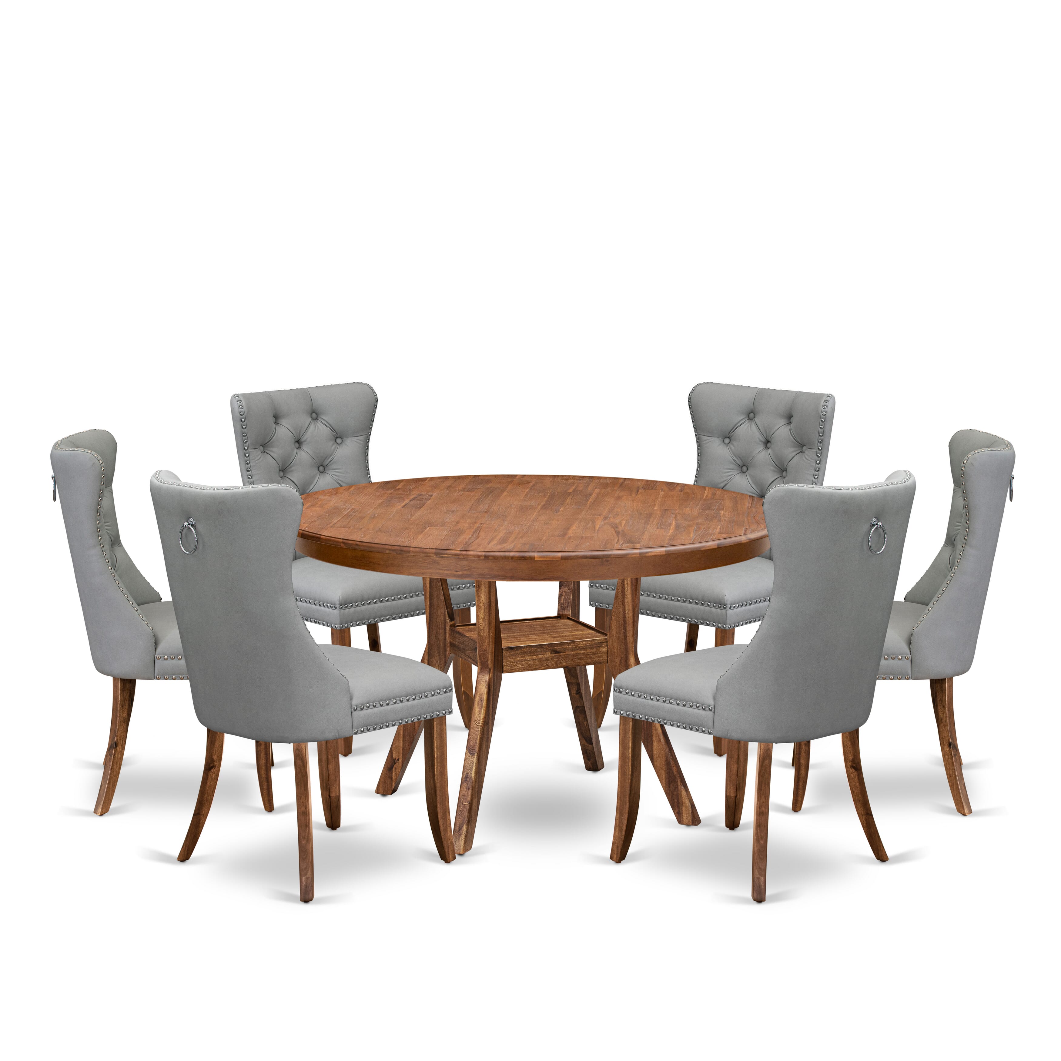 Luxe by East West Furniture F8DA7-50N-27 7-Pc Dining Set Consist a Dinner Table and 6 Light Gray Faux Leather Upholstered Chairs with Button-Tufted Back, Antique Walnut