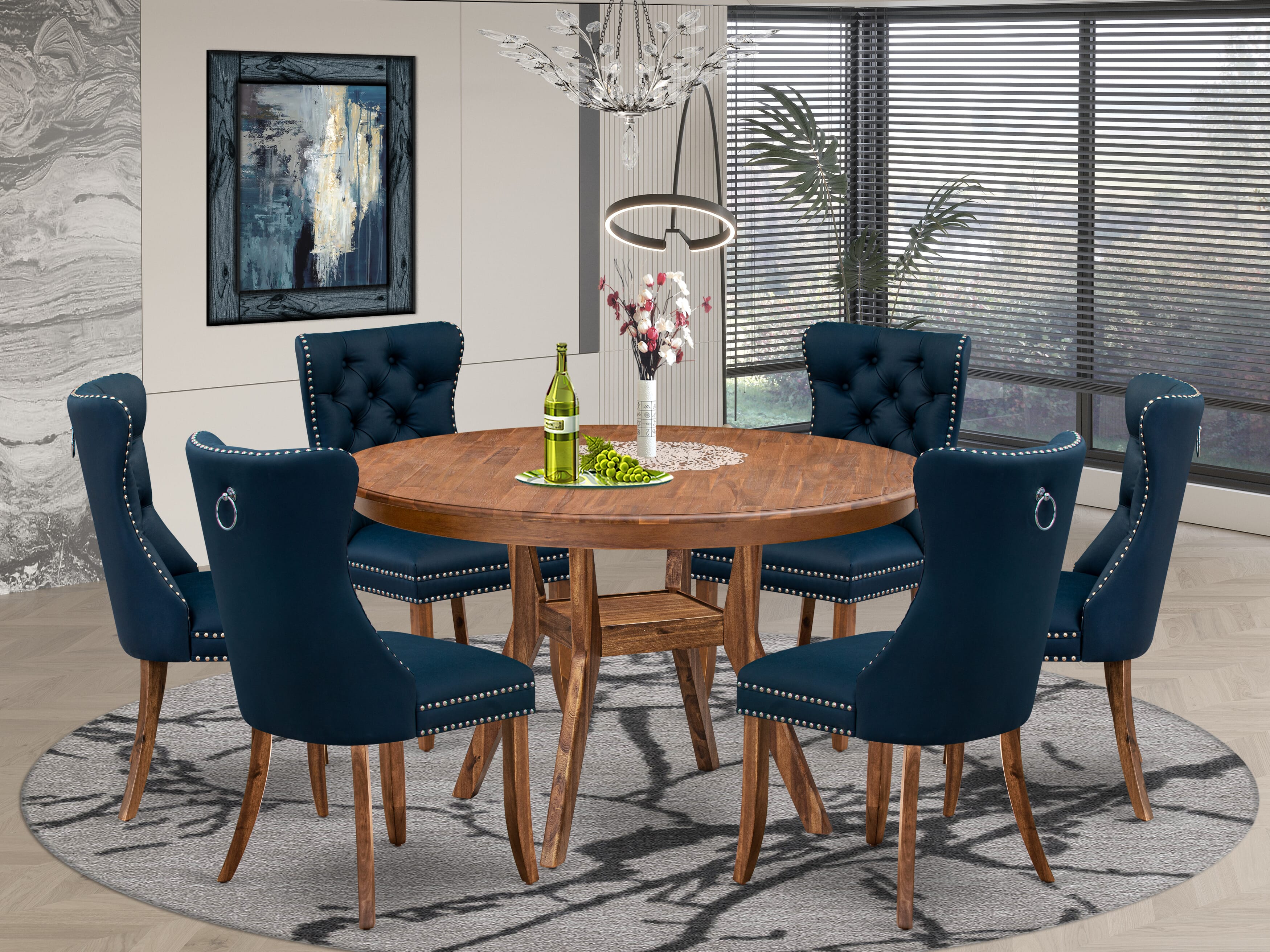 Luxe by East West Furniture F8DA7-50N-29 7-Pc Modern Dining Set Consist a Dinner Table and 6 Navy Blue Faux Leather Parson Chairs with Button-Tufted Back, Antique Walnut