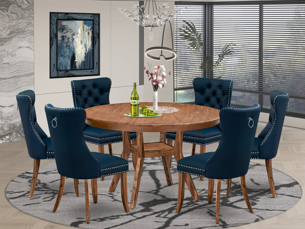 Luxe by East West Furniture F8DA7-50N-29 7-Pc Modern Dining Set Consist a Dinner Table and 6 Navy Blue Faux Leather Parson Chairs with Button-Tufted Back, Antique Walnut
