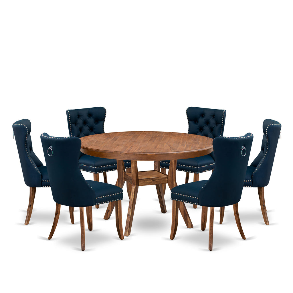 Luxe by East West Furniture F8DA7-50N-29 7-Pc Modern Dining Set Consist a Dinner Table and 6 Navy Blue Faux Leather Parson Chairs with Button-Tufted Back, Antique Walnut