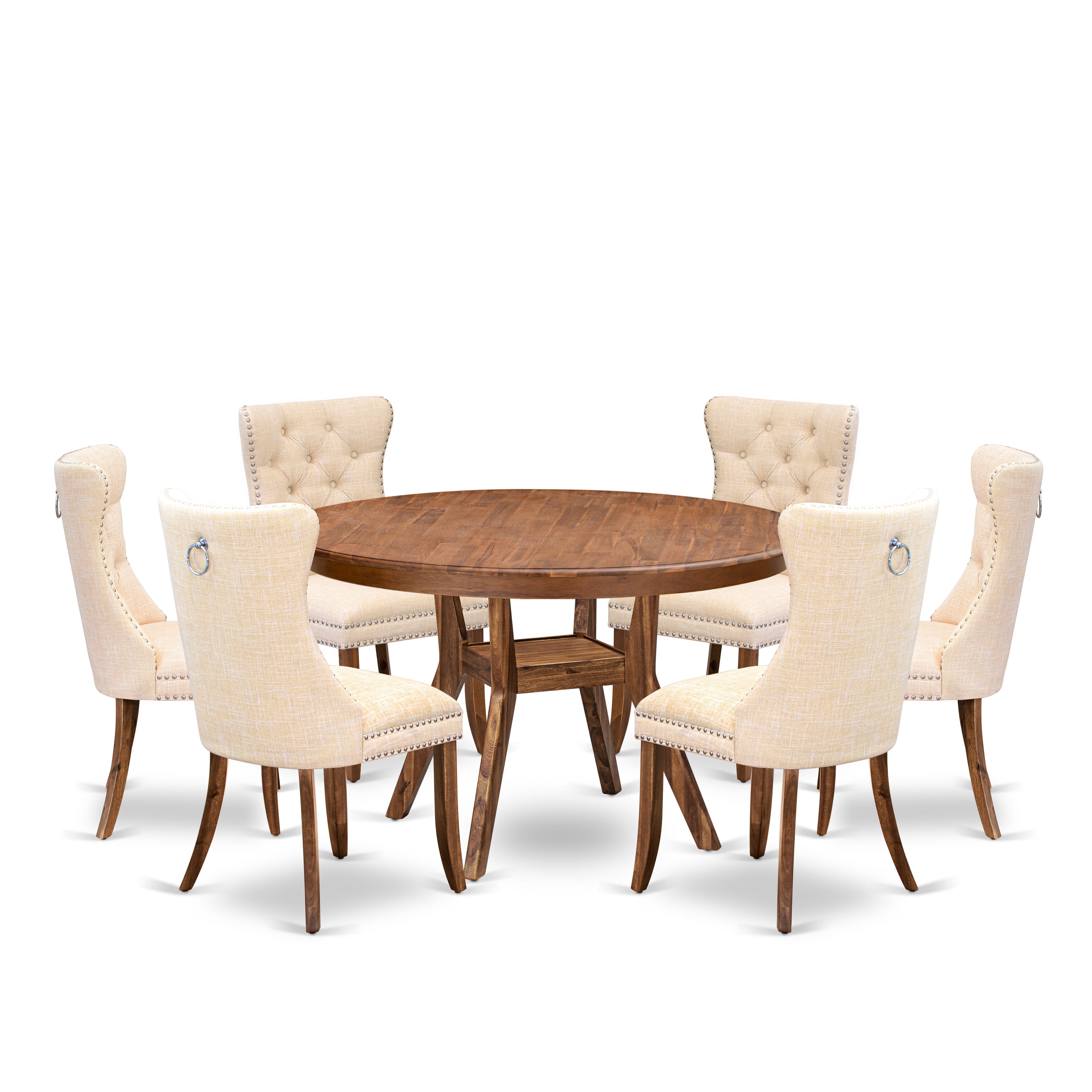 Luxe by East West Furniture F8DA7-50N-32 7-Piece Dining Room Set with Linen Fabric 6 Light Beige padded chairs, Button-Tufted Backs, and a 54"Round Kitchen Table in Antique Walnut Finish.
