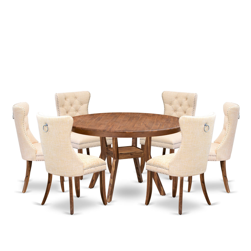 Luxe by East West Furniture F8DA7-50N-32 7-Piece Dining Room Set with Linen Fabric 6 Light Beige padded chairs, Button-Tufted Backs, and a 54"Round Kitchen Table in Antique Walnut Finish.