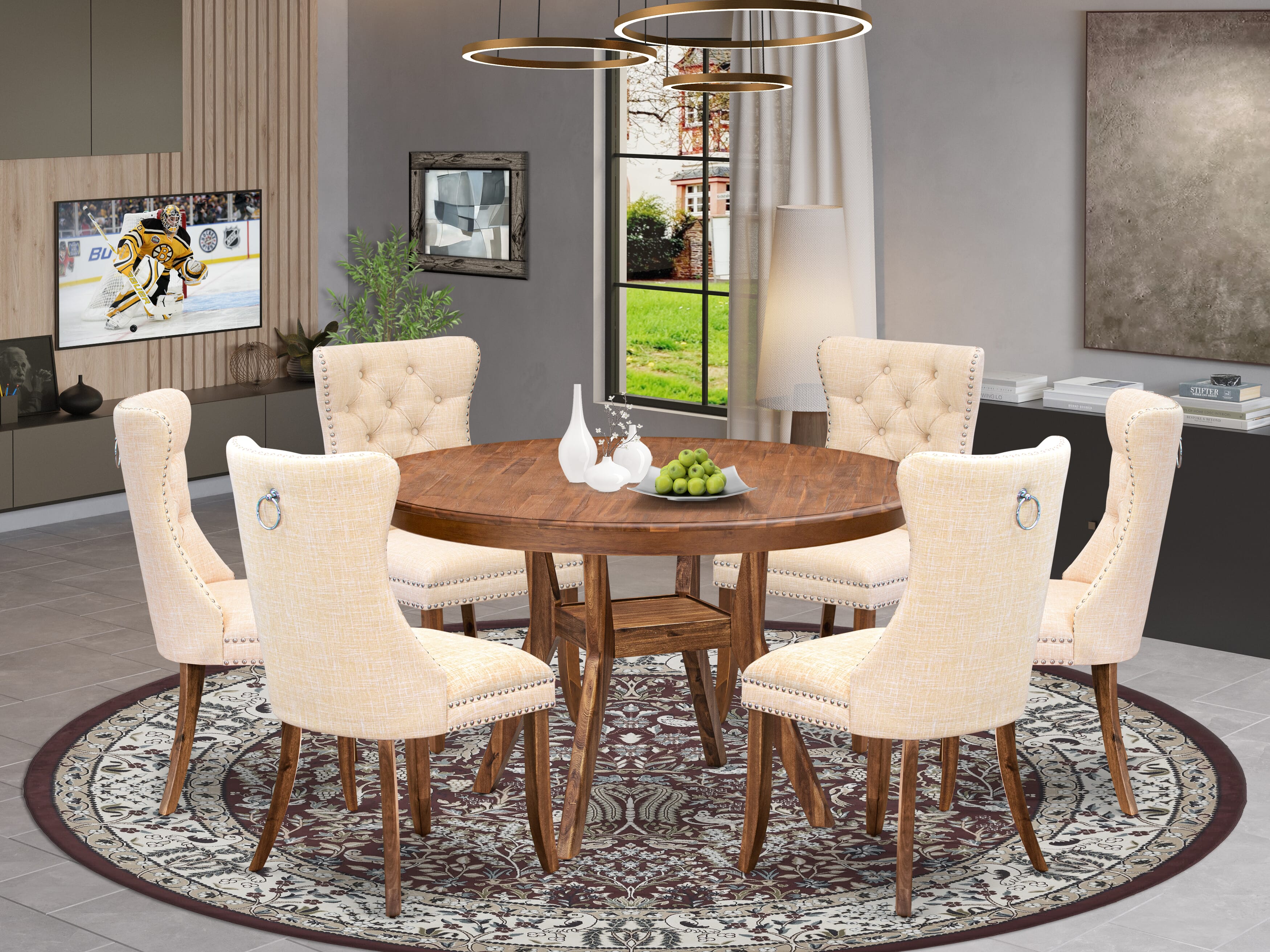 Luxe by East West Furniture F8DA7-50N-32 7-Piece Dining Room Set with Linen Fabric 6 Light Beige padded chairs, Button-Tufted Backs, and a 54"Round Kitchen Table in Antique Walnut Finish.