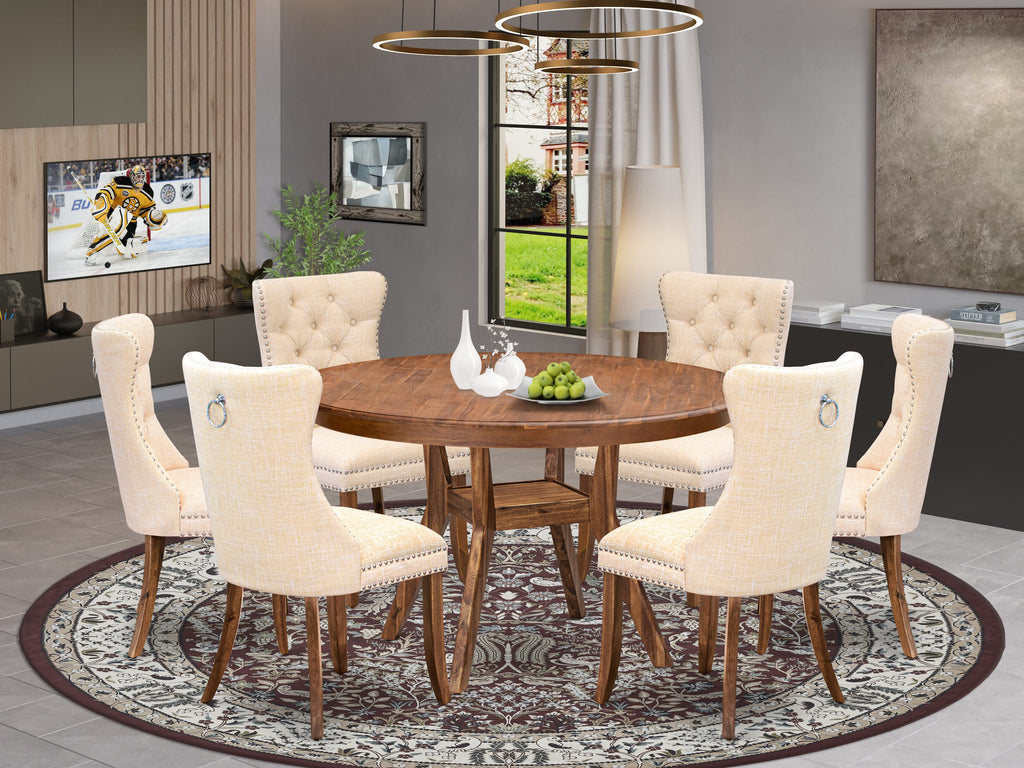 Luxe by East West Furniture F8DA7-50N-32 7-Piece Dining Room Set with Linen Fabric 6 Light Beige padded chairs, Button-Tufted Backs, and a 54"Round Kitchen Table in Antique Walnut Finish.