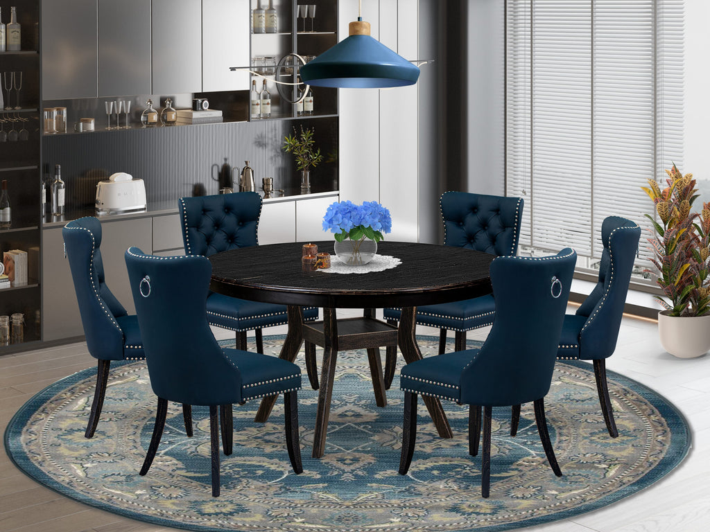 Luxe by East West Furniture F8DA7-511-29 7 Piece Dining Table Set Contains a 54" Round Table with Pedestal and 6 Navy Blue Faux Leather Upholstered Chairs, Sand Blasted Black