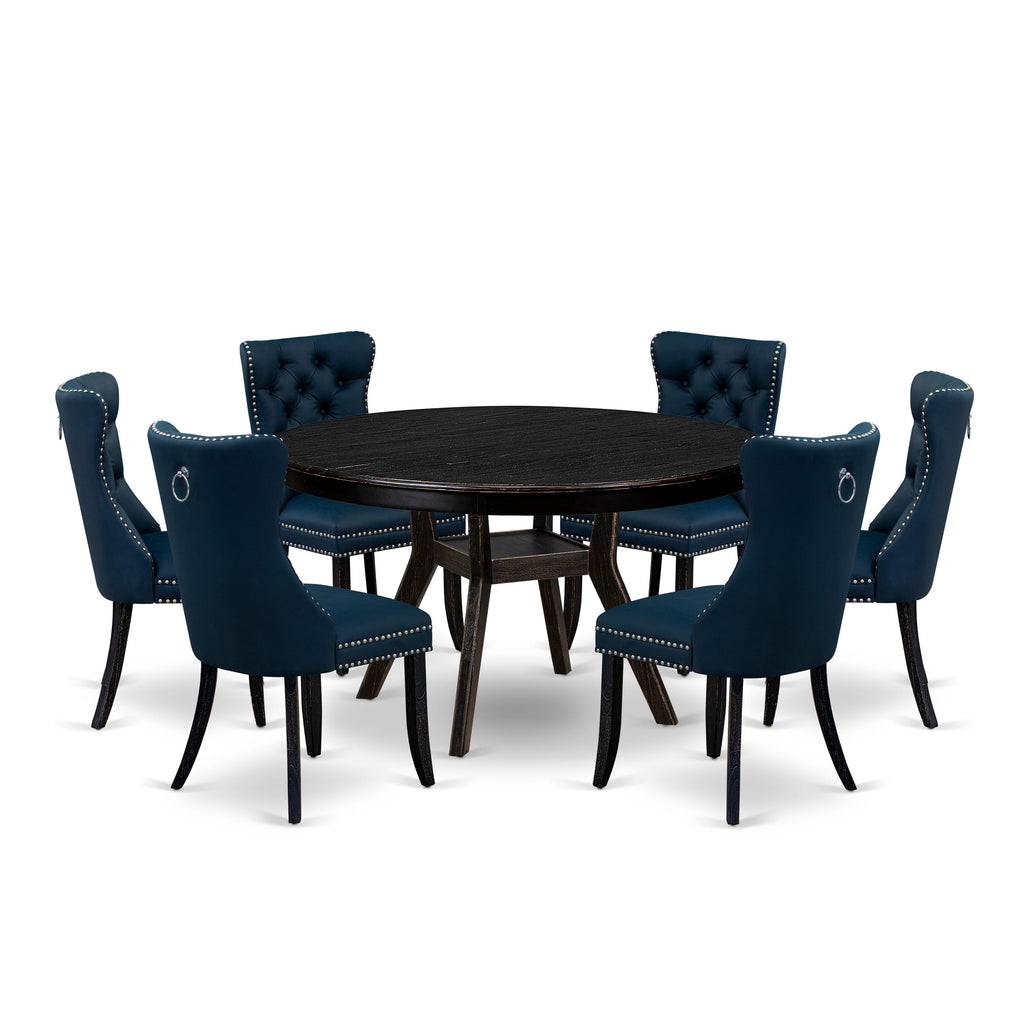 Luxe by East West Furniture F8DA7-511-29 7 Piece Dining Table Set Contains a 54" Round Table with Pedestal and 6 Navy Blue Faux Leather Upholstered Chairs, Sand Blasted Black