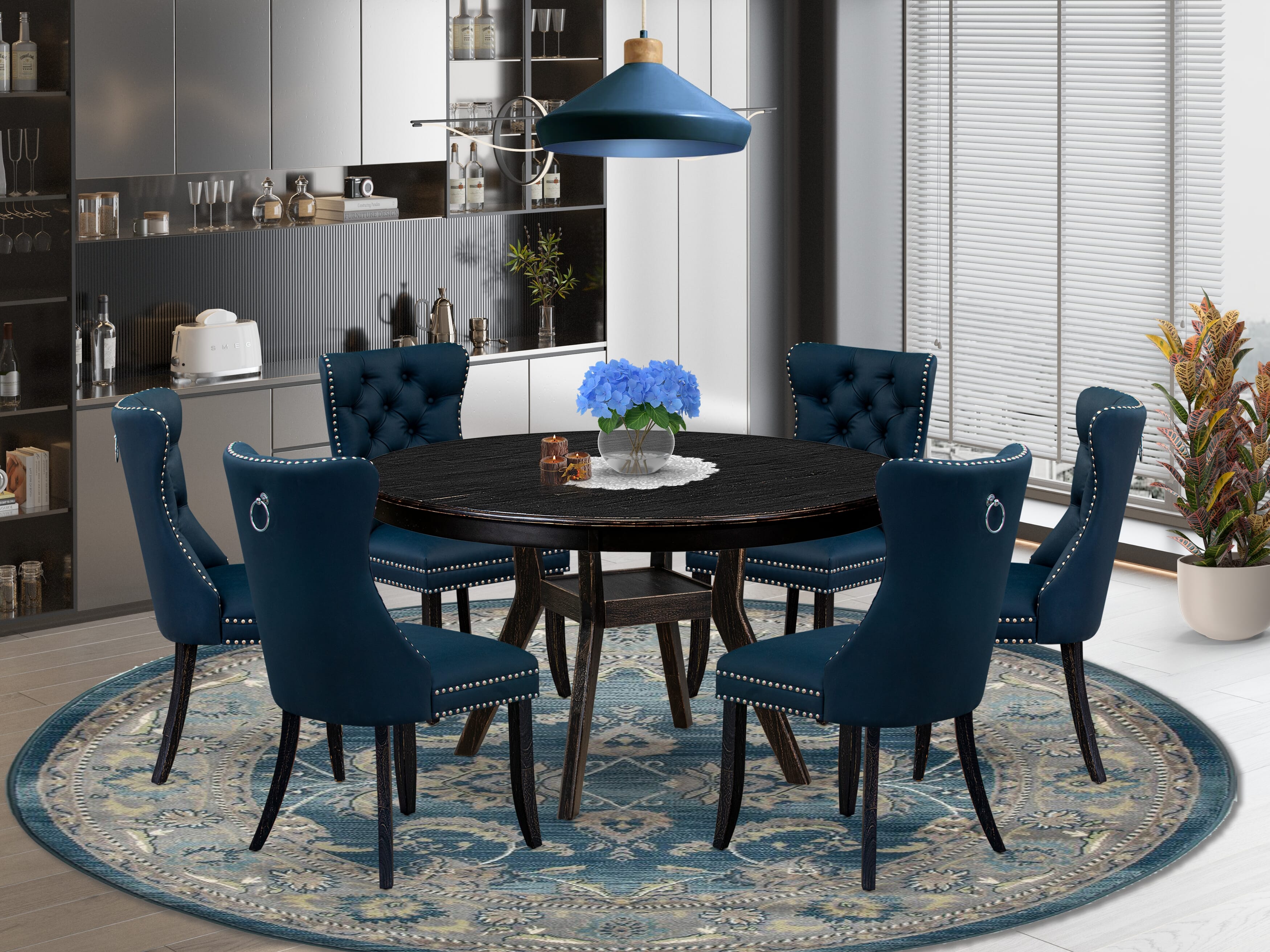 Luxe by East West Furniture F8DA7-511-29 7 Piece Dining Table Set Contains a 54" Round Table with Pedestal and 6 Navy Blue Faux Leather Upholstered Chairs, Sand Blasted Black