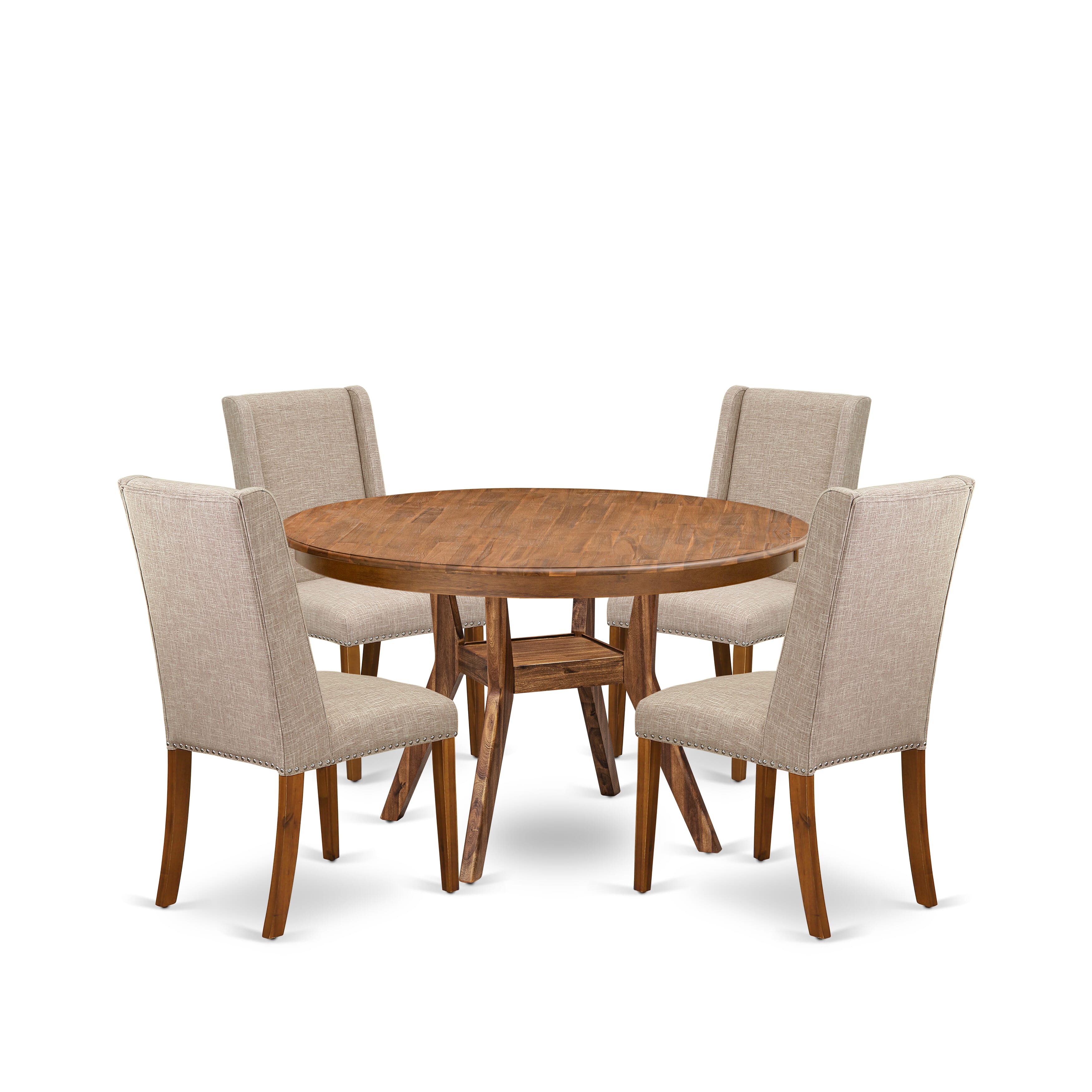 Luxe by East West Furniture F8FL5-50N-04 5-piece Dining Table Set included a kitchen table and 4 Light Tan Linen Fabric dining chairs with Padded Back - Antique Walnut