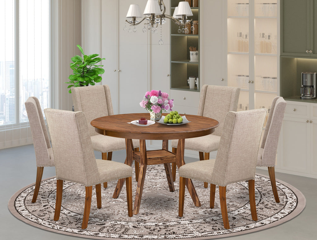 Luxe by East West Furniture - F8FL7-40N-04 7-piece Dining Set included a modern table and 6 Light Tan Linen Fabric parsons chairs with Padded Back Back - Antique Walnut Finish