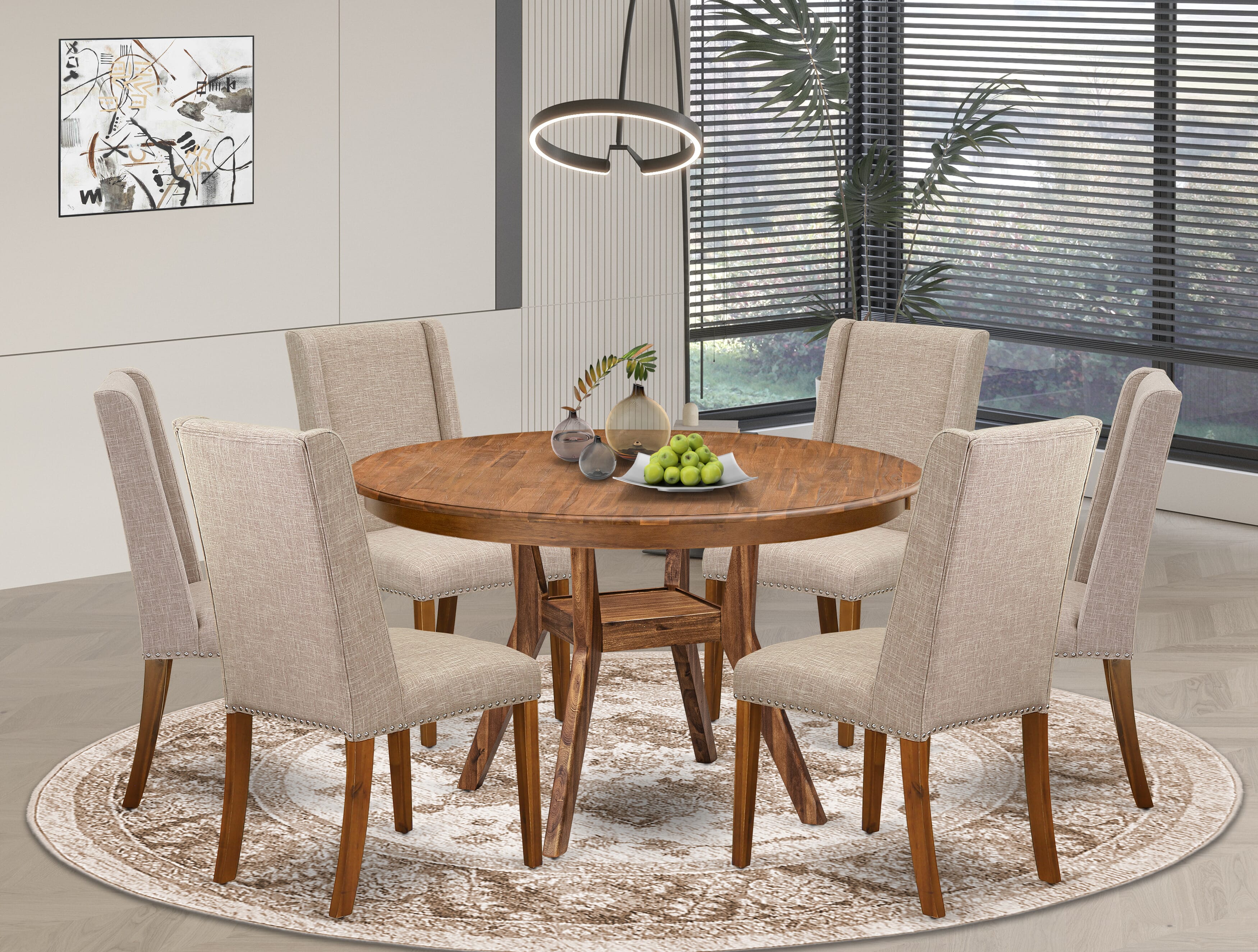 Luxe by East West Furniture F8FL7-50N-04 7-piece Mid Century Dining Set consists of a dinner table and 6 Light Tan Linen Fabric modern chair with Padded Back - Antique Walnut