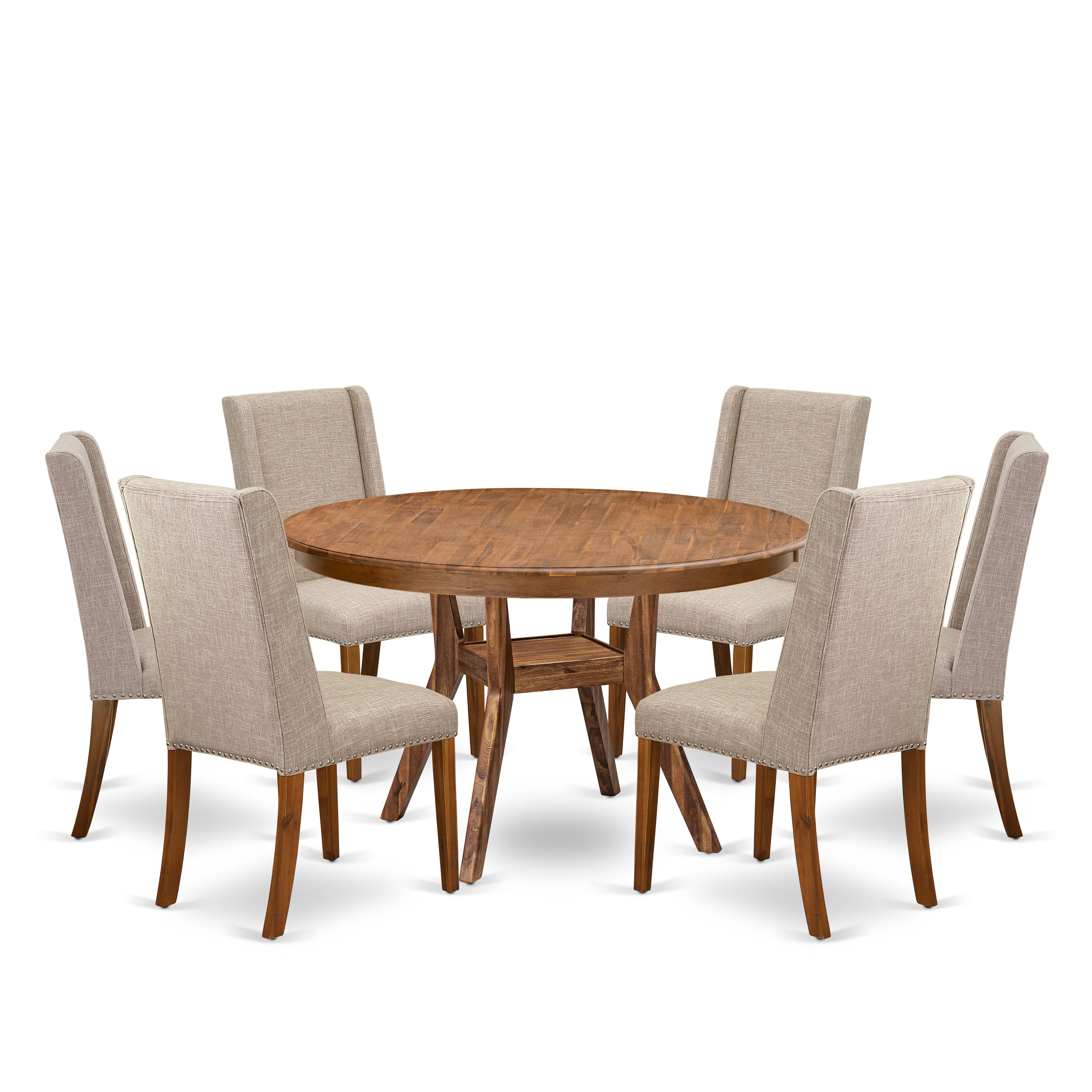 Luxe by East West Furniture F8FL7-50N-04 7-piece Mid Century Dining Set consists of a dinner table and 6 Light Tan Linen Fabric modern chair with Padded Back - Antique Walnut