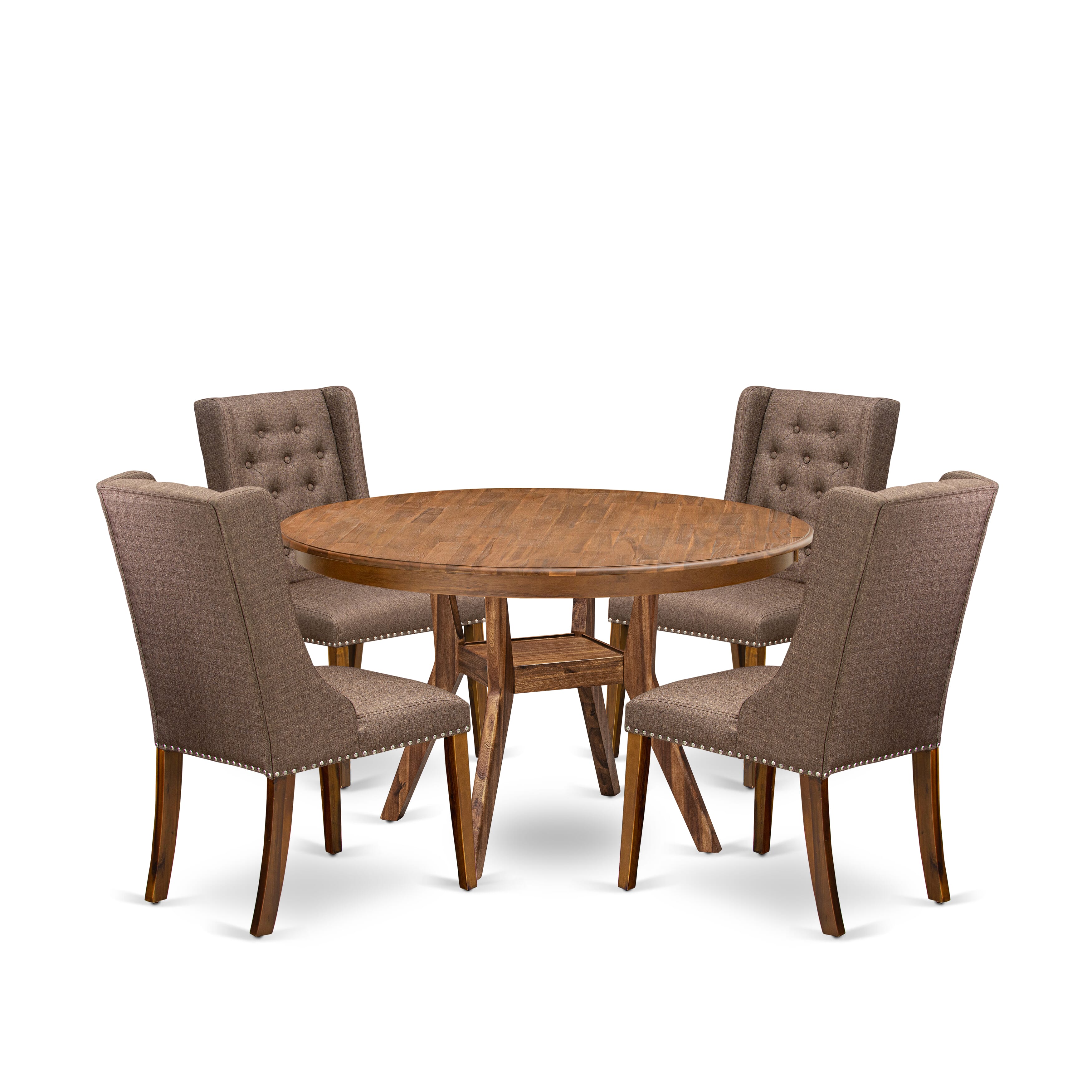 Luxe by East West Furniture - F8FO5-50N-18 - 5-Piece Modern Dining Table Set Consist of A Table and 4 Brown Linen Fabric Dining Chair with Button Tufted Back, Antique Walnut