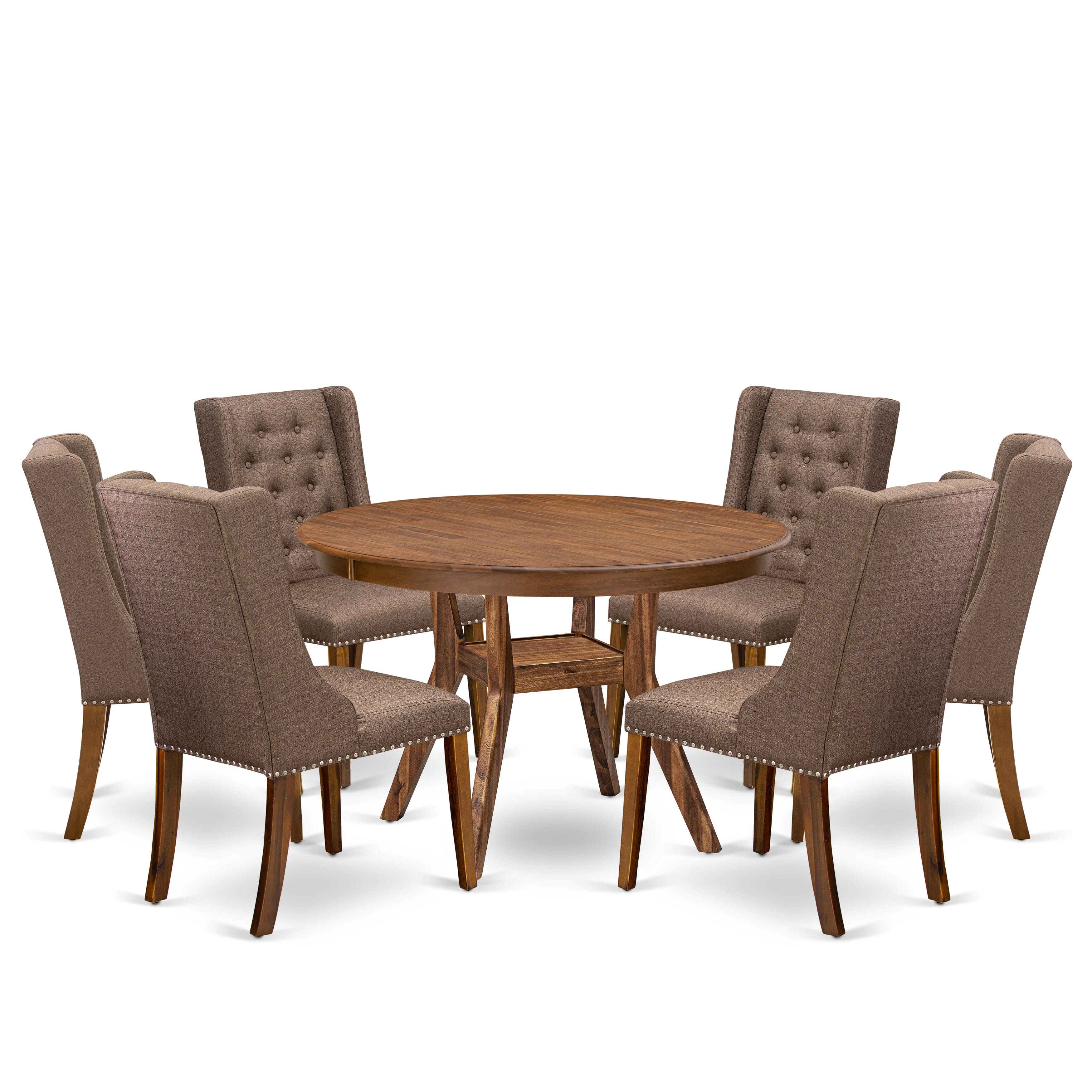 Luxe by East West Furniture - F8FO7-40N-18 - 7-Pc Dining Room Set Consist of A Modern Table and 6 Brown Linen Fabric Modern Chair with Button Tufted Back, Antique Walnut