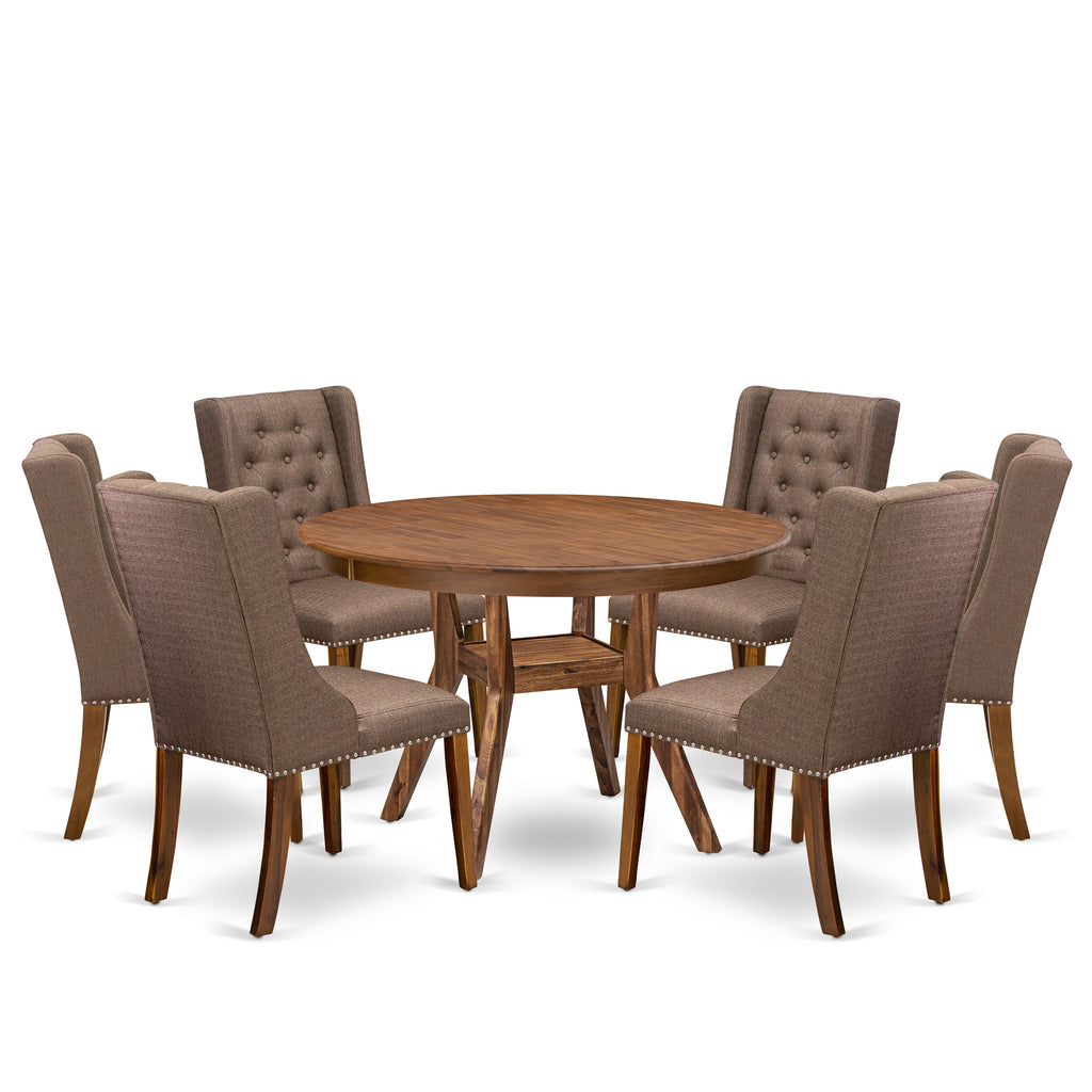 Luxe by East West Furniture - F8FO7-40N-18 - 7-Pc Dining Room Set Consist of A Modern Table and 6 Brown Linen Fabric Modern Chair with Button Tufted Back, Antique Walnut
