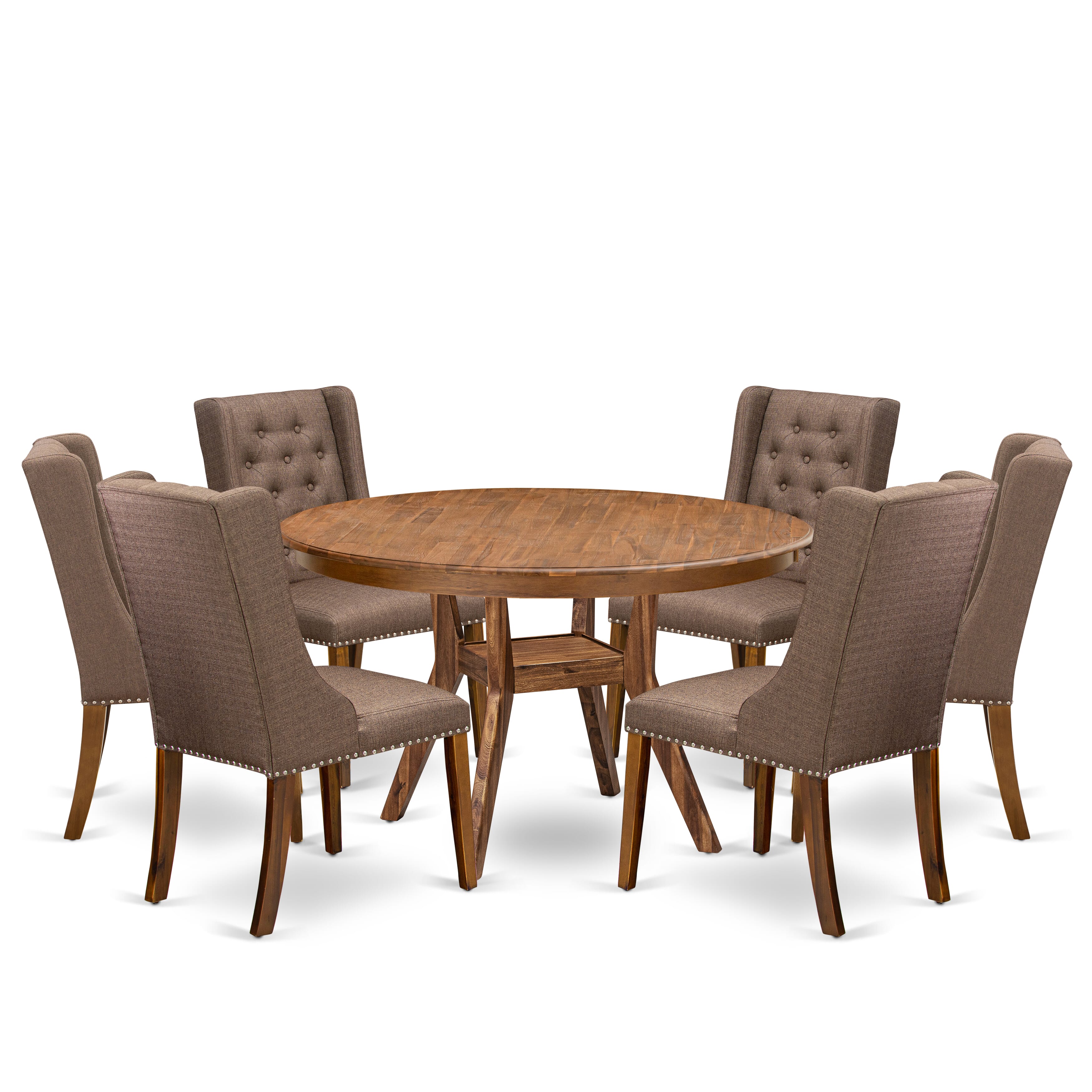 Luxe by East West Furniture - F8FO7-50N-18 - 7-Piece Modern Dining Set Includes A Kitchen Table and 6 Brown Linen Fabric Padded Chairs with Button Tufted Back, Antique Walnut