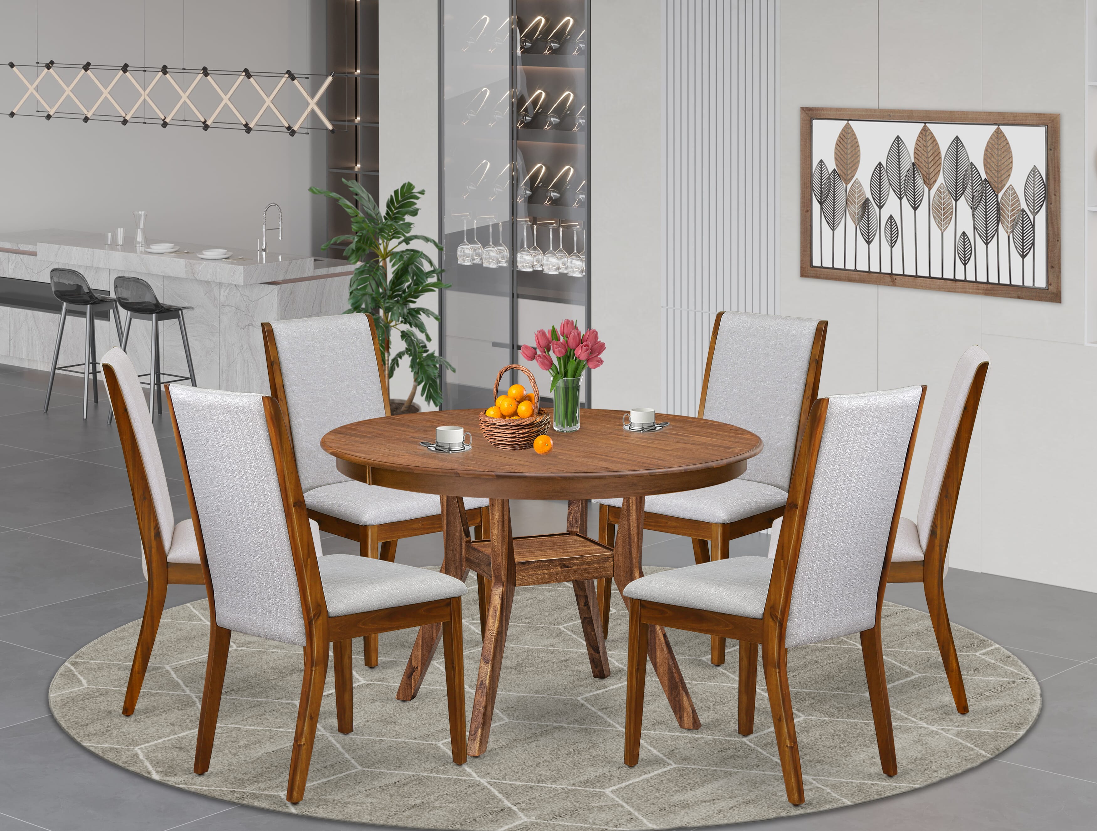 Luxe by East West Furniture - F8LA7-40N-05 - 7-Piece Modern Dining Set Consist of A Modern Table and 6 Grey Linen Fabric Modern Dining Chair with High Back, Antique Walnut