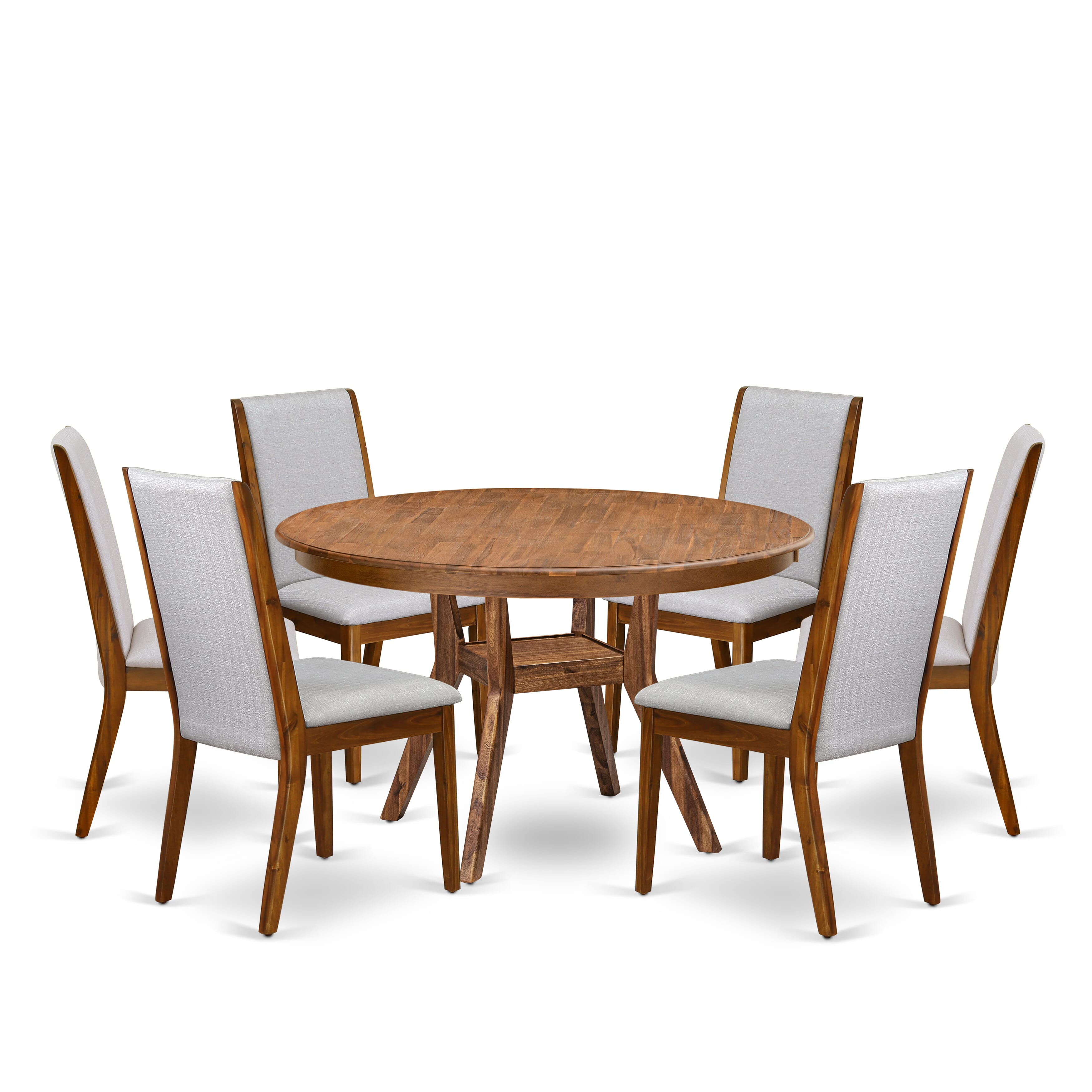 Luxe by East West Furniture - F8LA7-50N-05 - 7-Pc Mid Century Modern Dining Set Includes A Dinning Table and 6 Grey Linen Fabric Padded Chairs with High Back, Antique Walnut
