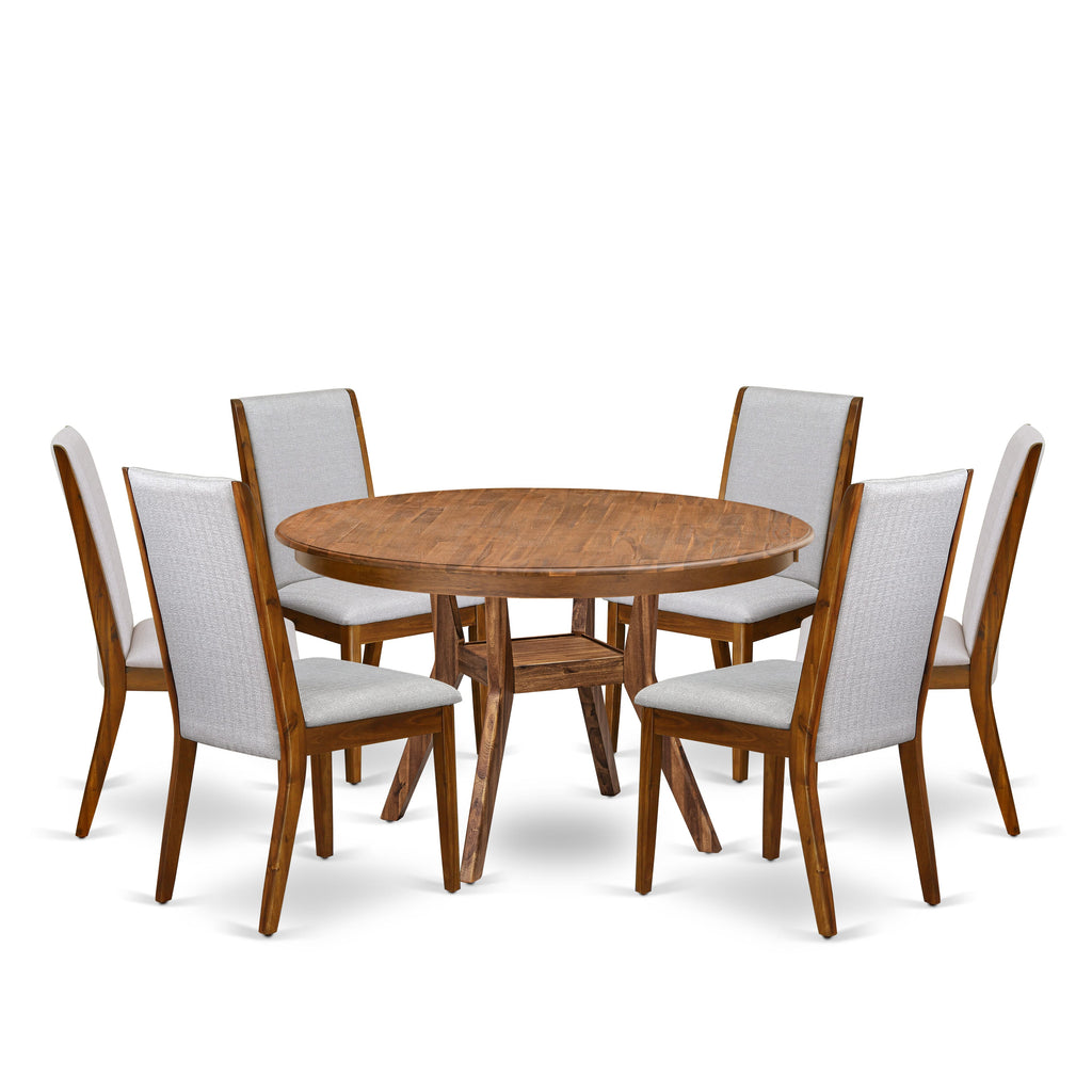 Luxe by East West Furniture - F8LA7-50N-05 - 7-Pc Mid Century Modern Dining Set Includes A Dinning Table and 6 Grey Linen Fabric Padded Chairs with High Back, Antique Walnut