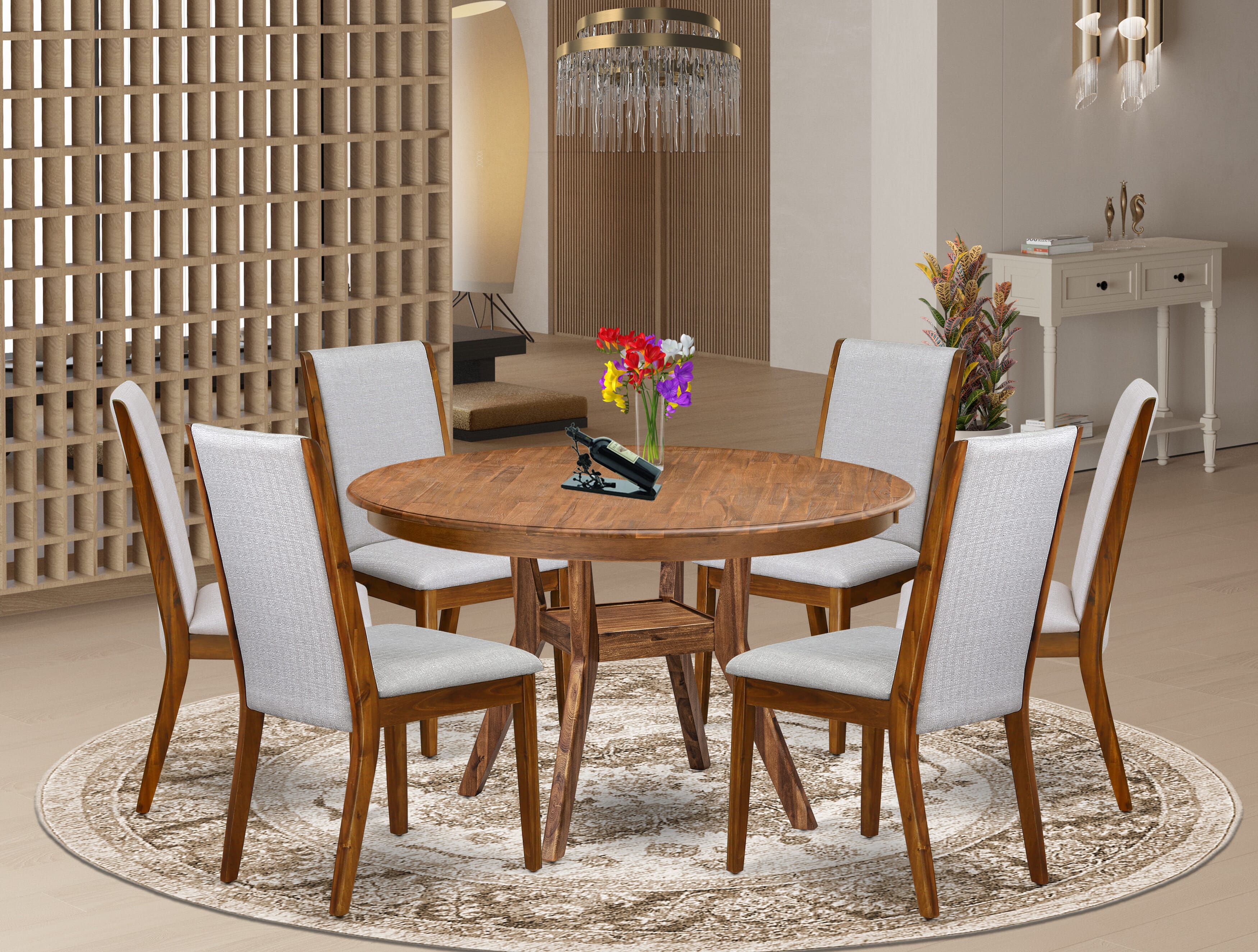 Luxe by East West Furniture - F8LA7-50N-05 - 7-Pc Mid Century Modern Dining Set Includes A Dinning Table and 6 Grey Linen Fabric Padded Chairs with High Back, Antique Walnut