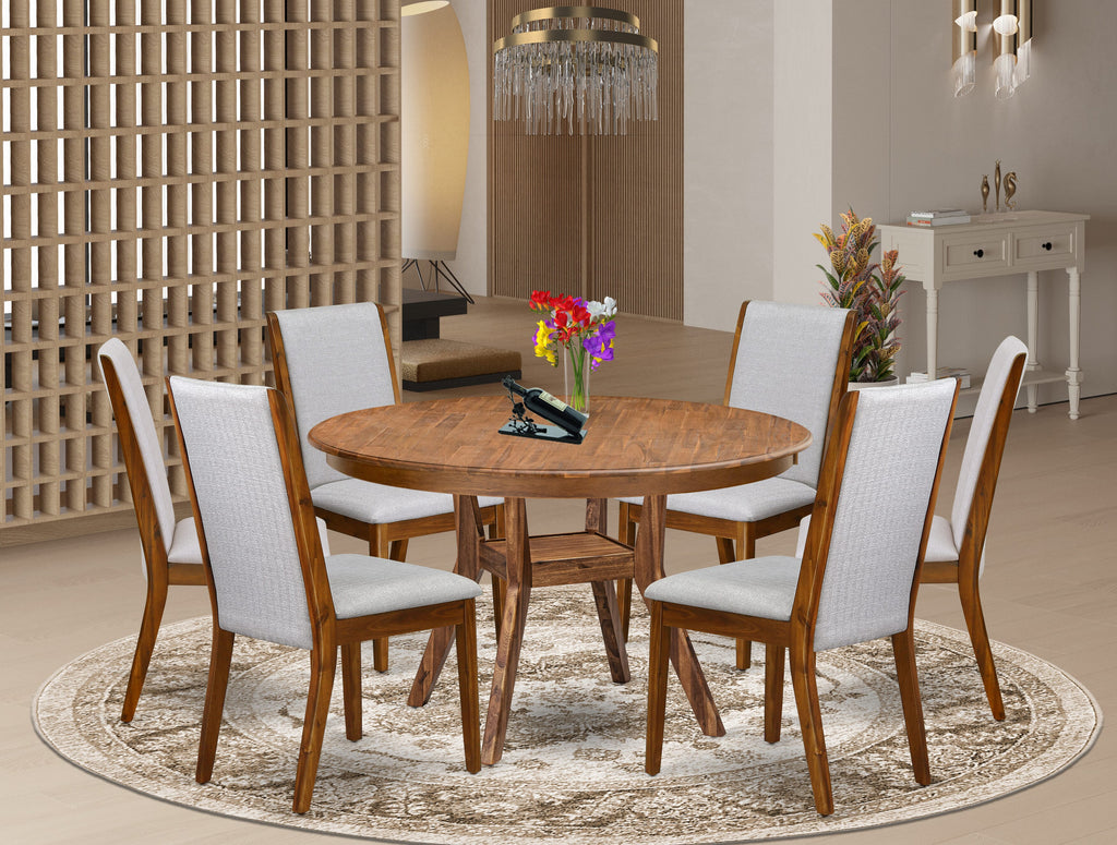Luxe by East West Furniture - F8LA7-50N-05 - 7-Pc Mid Century Modern Dining Set Includes A Dinning Table and 6 Grey Linen Fabric Padded Chairs with High Back, Antique Walnut