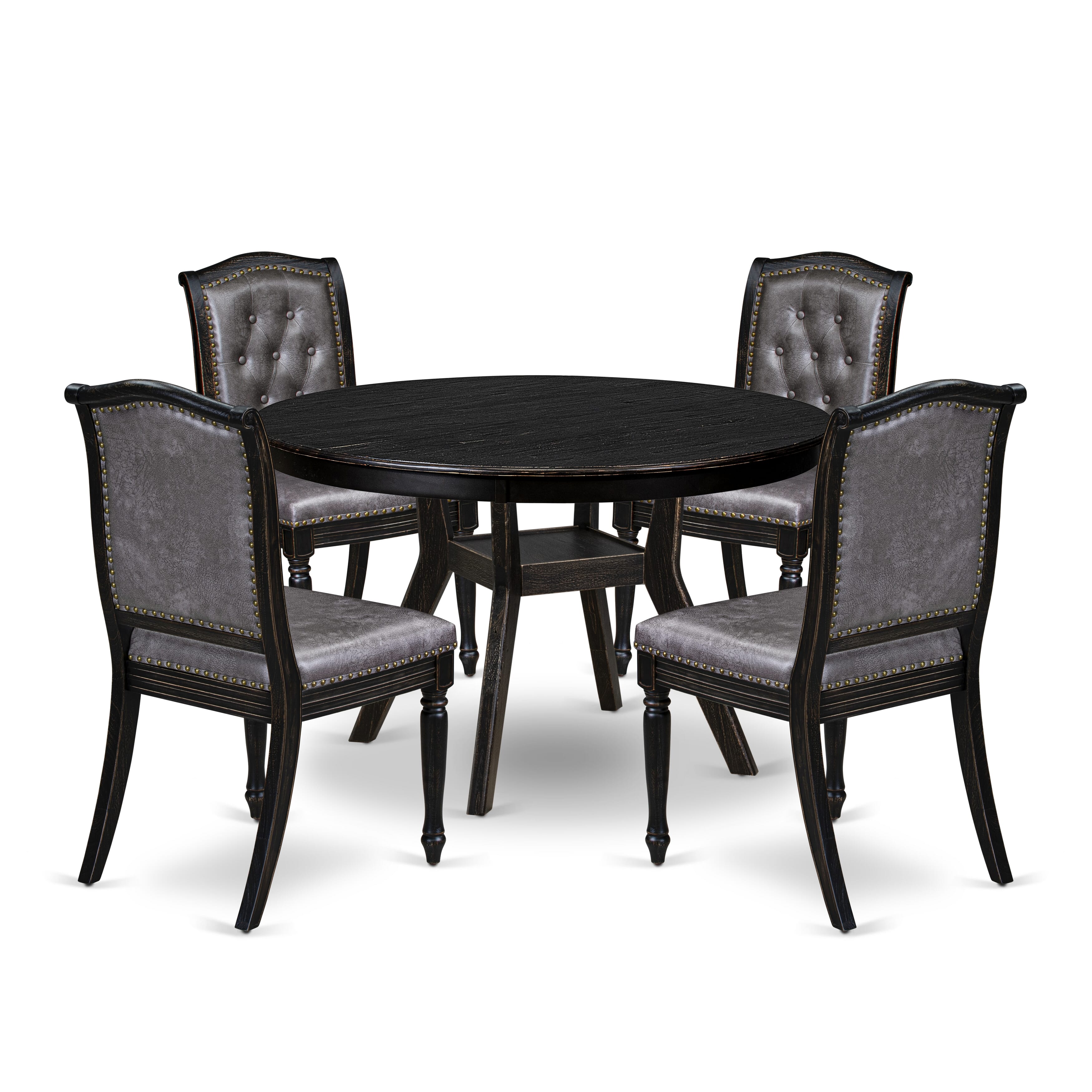 Luxe by East West Furniture - F8MA5-411-34 5-Piece Modern Dining Table Set Contains a Round Mid Century Dining Table and 4 Brown Textured Polyester Chairs with High Back, Sand Blasting Black Finish.