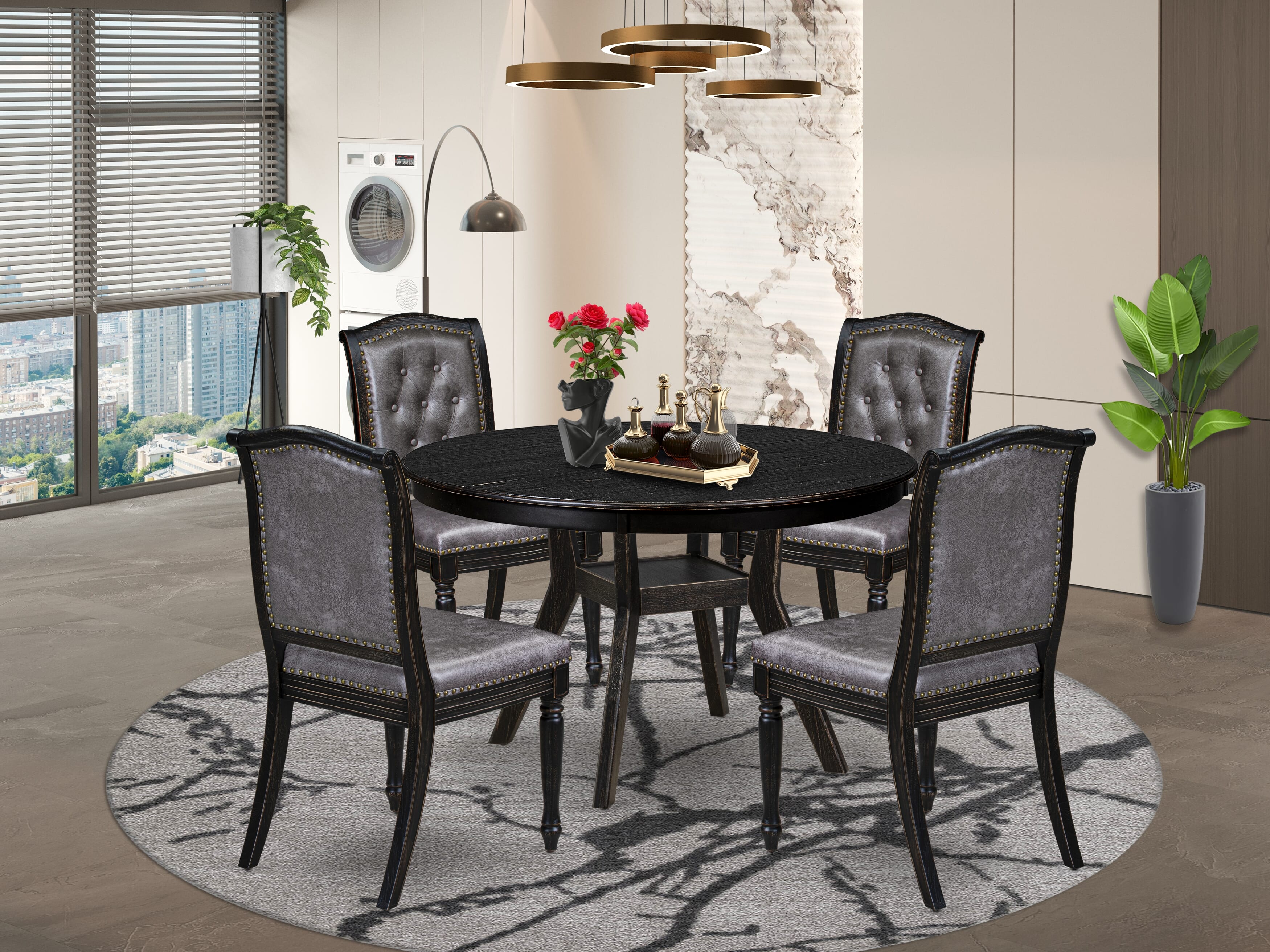 Luxe by East West Furniture - F8MA5-411-34 5-Piece Modern Dining Table Set Contains a Round Mid Century Dining Table and 4 Brown Textured Polyester Chairs with High Back, Sand Blasting Black Finish.