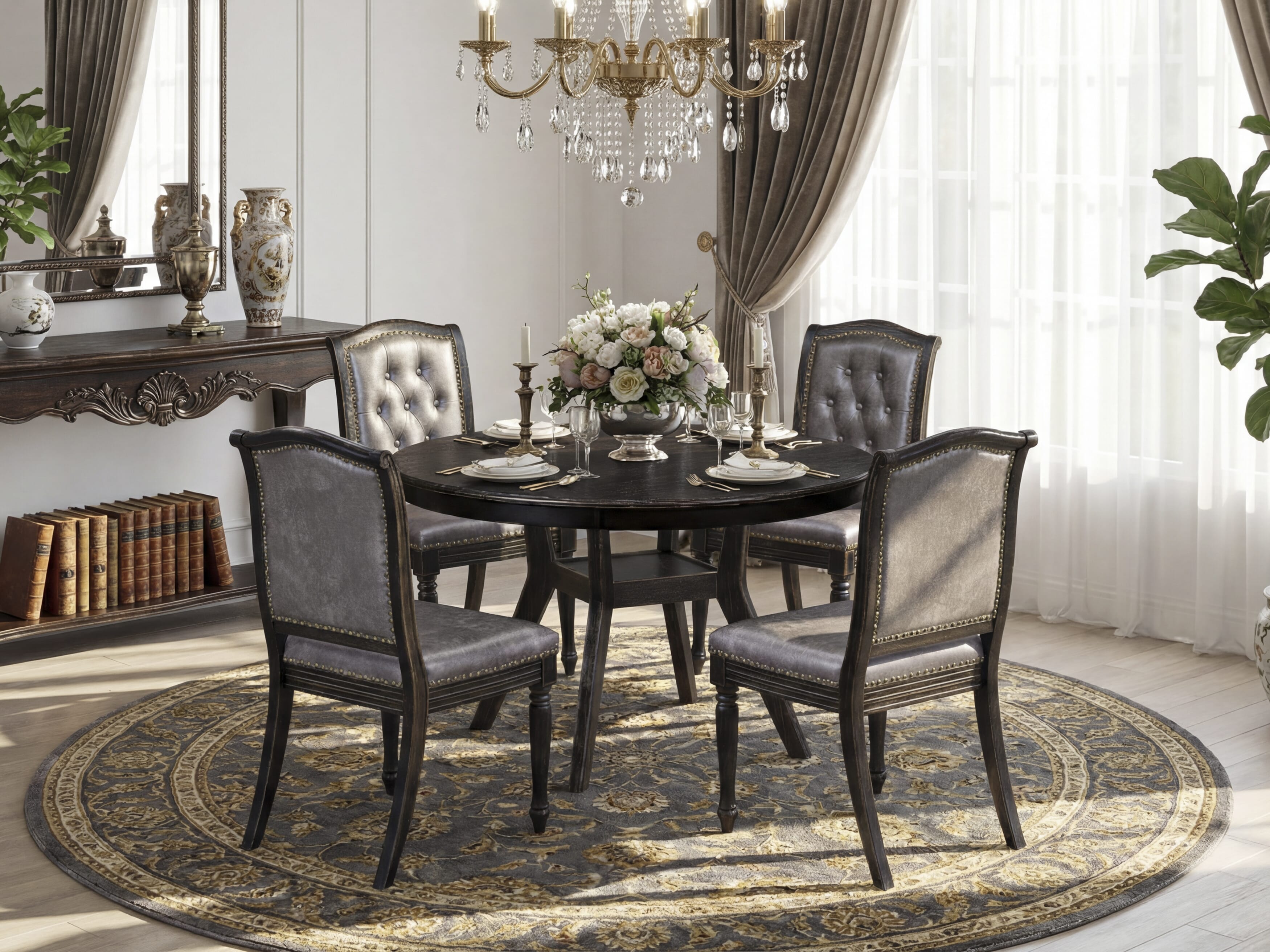 Luxe by East West Furniture - F8MA5-411-34 5-Piece Modern Dining Table Set Contains a Round Mid Century Dining Table and 4 Brown Textured Polyester Chairs with High Back, Sand Blasting Black Finish.