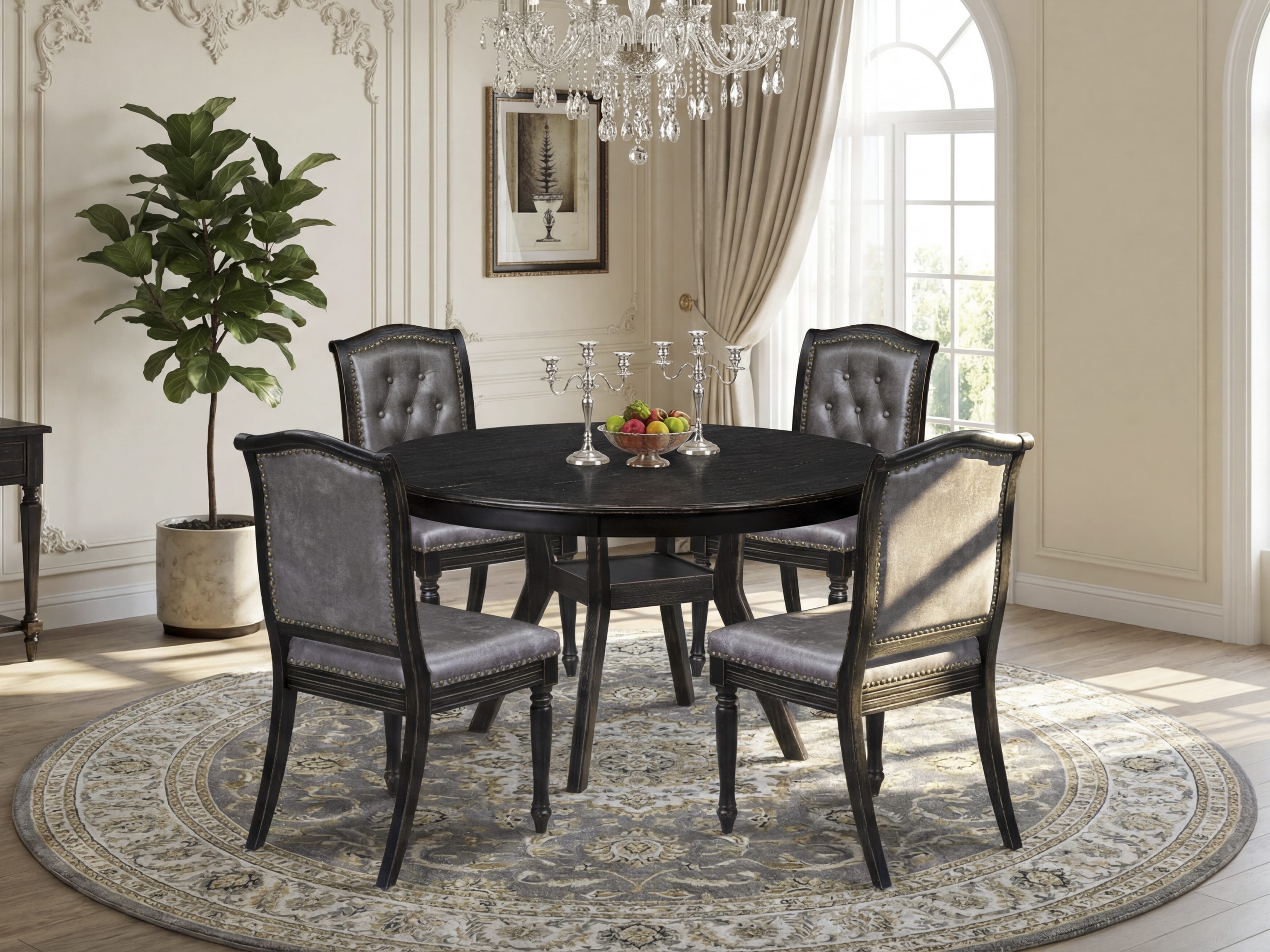 Luxe by East West Furniture - F8MA5-511-34 5-Piece Dinner Table Set Includes a Round Wooden Dining Table and 4 Dark Gray Polyester Chairs with High Back, Sand Blasting Black Finish.