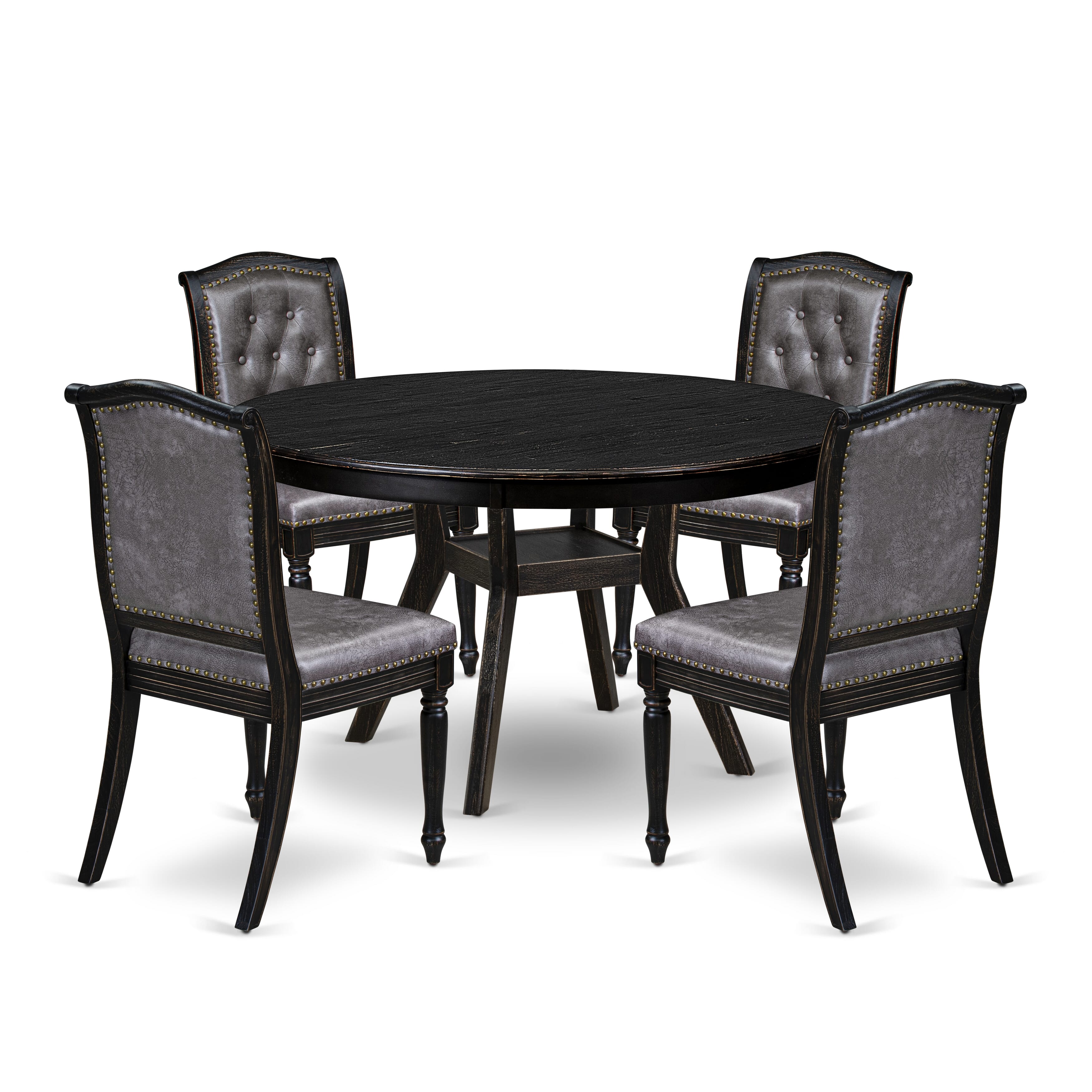 Luxe by East West Furniture - F8MA5-511-34 5-Piece Dinner Table Set Includes a Round Wooden Dining Table and 4 Dark Gray Polyester Chairs with High Back, Sand Blasting Black Finish.