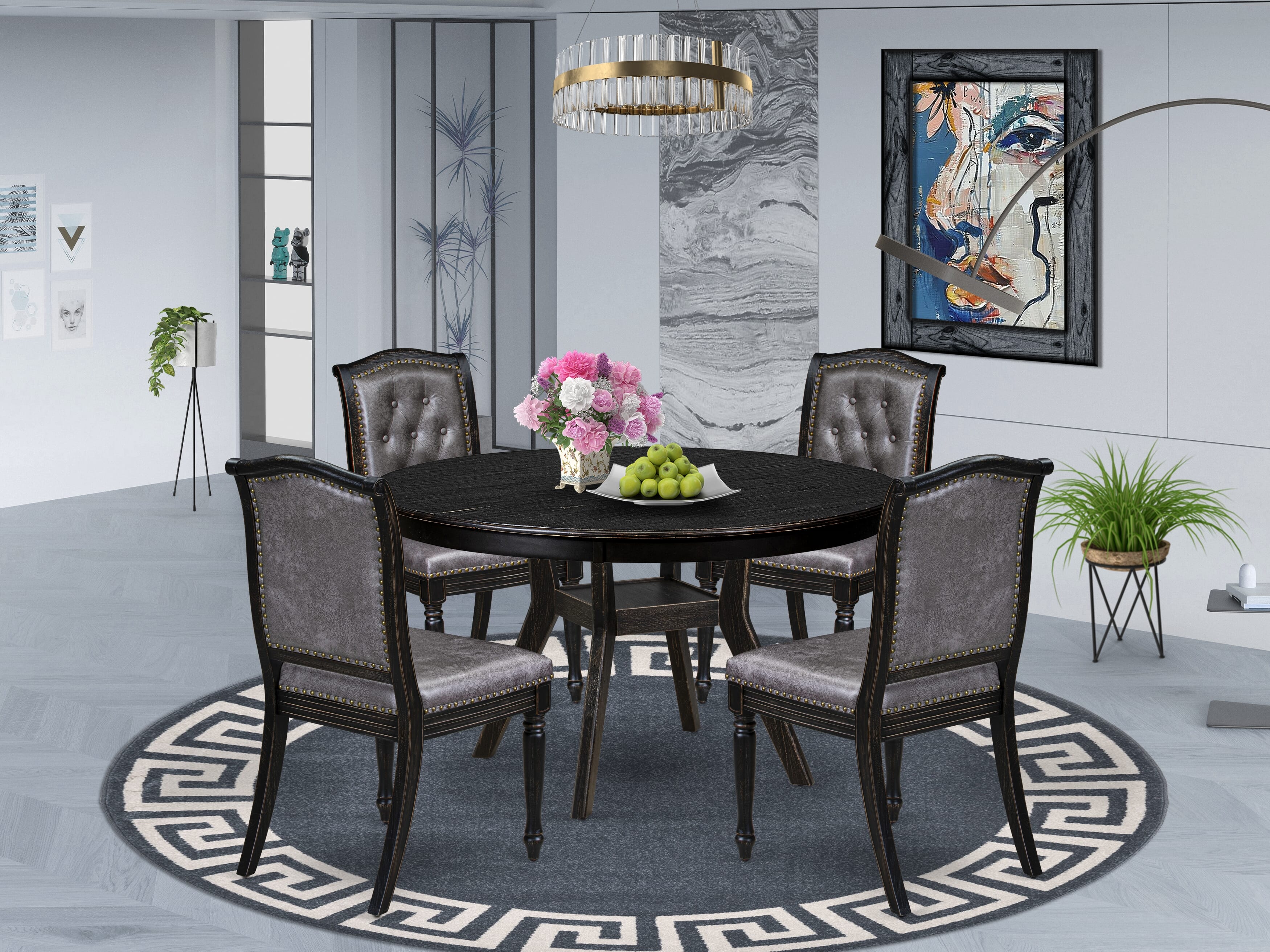 Luxe by East West Furniture - F8MA5-511-34 5-Piece Dinner Table Set Includes a Round Wooden Dining Table and 4 Dark Gray Polyester Chairs with High Back, Sand Blasting Black Finish.