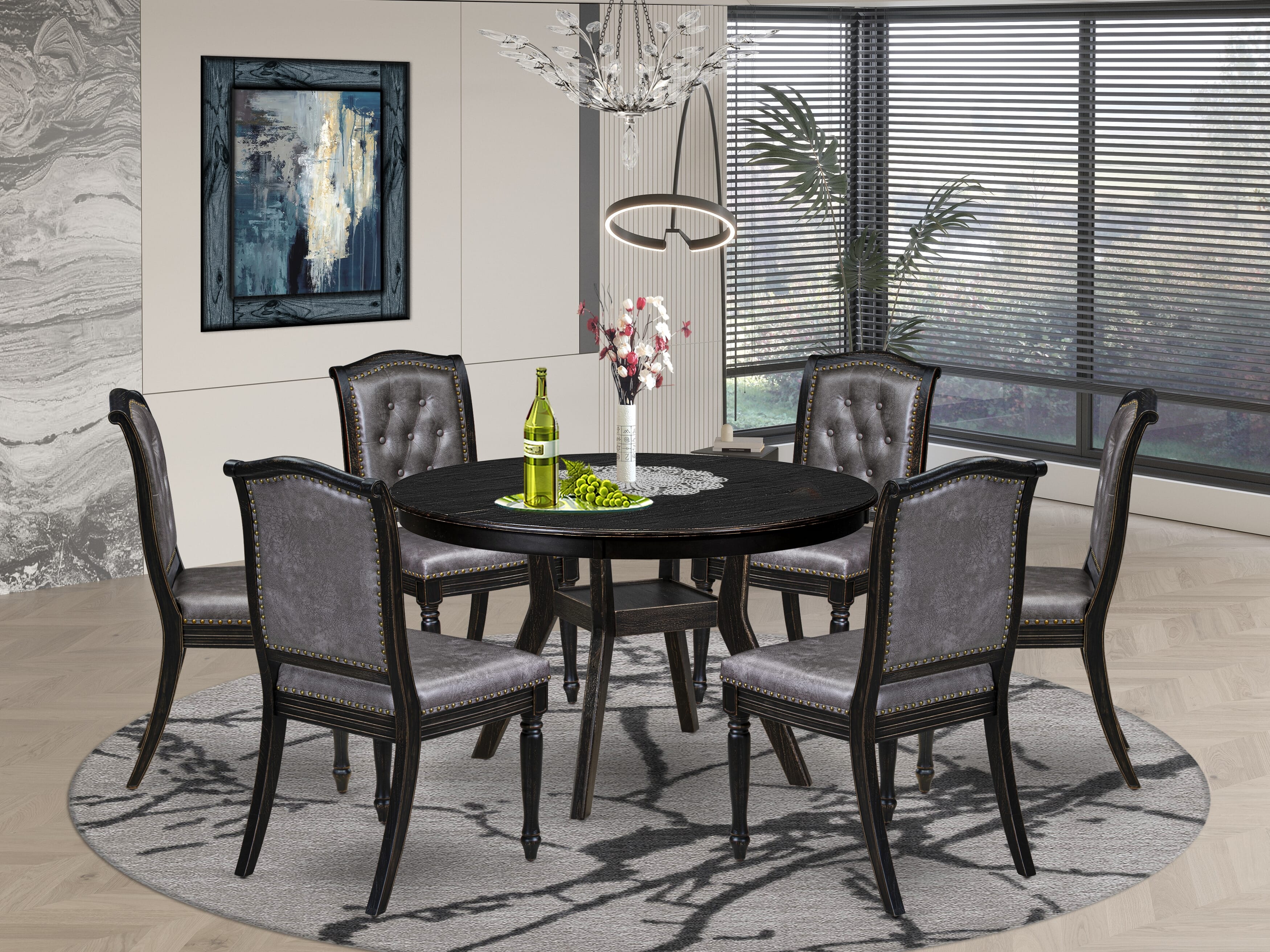 Luxe by East West Furniture - F8MA7-411-34 7-Piece Dinette Set Consists of a Round Modern Table and 6 Dark Gray Polyester Chairs with High Back, Sand Blasting Black Finish.