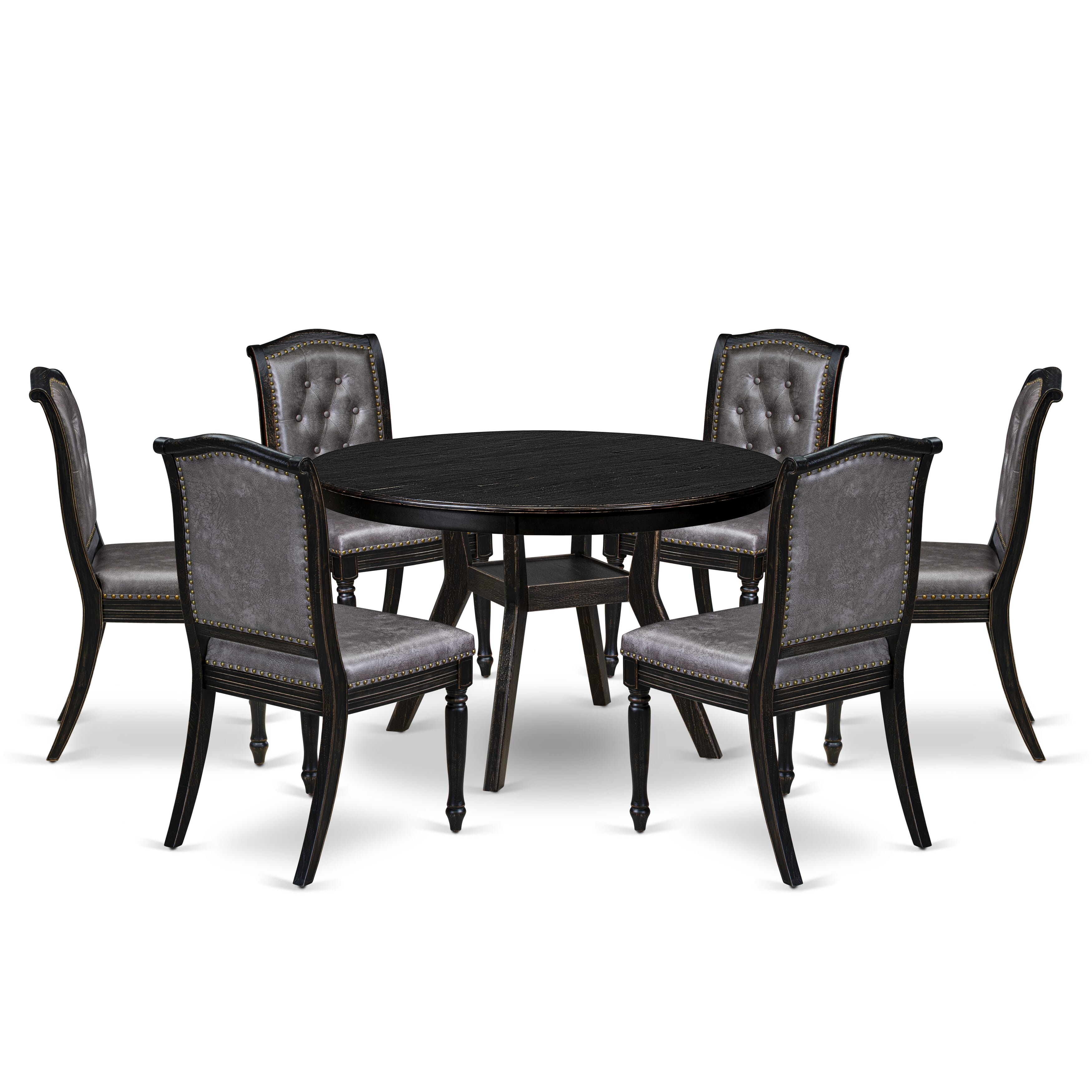 Luxe by East West Furniture - F8MA7-411-34 7-Piece Dinette Set Consists of a Round Modern Table and 6 Dark Gray Polyester Chairs with High Back, Sand Blasting Black Finish.