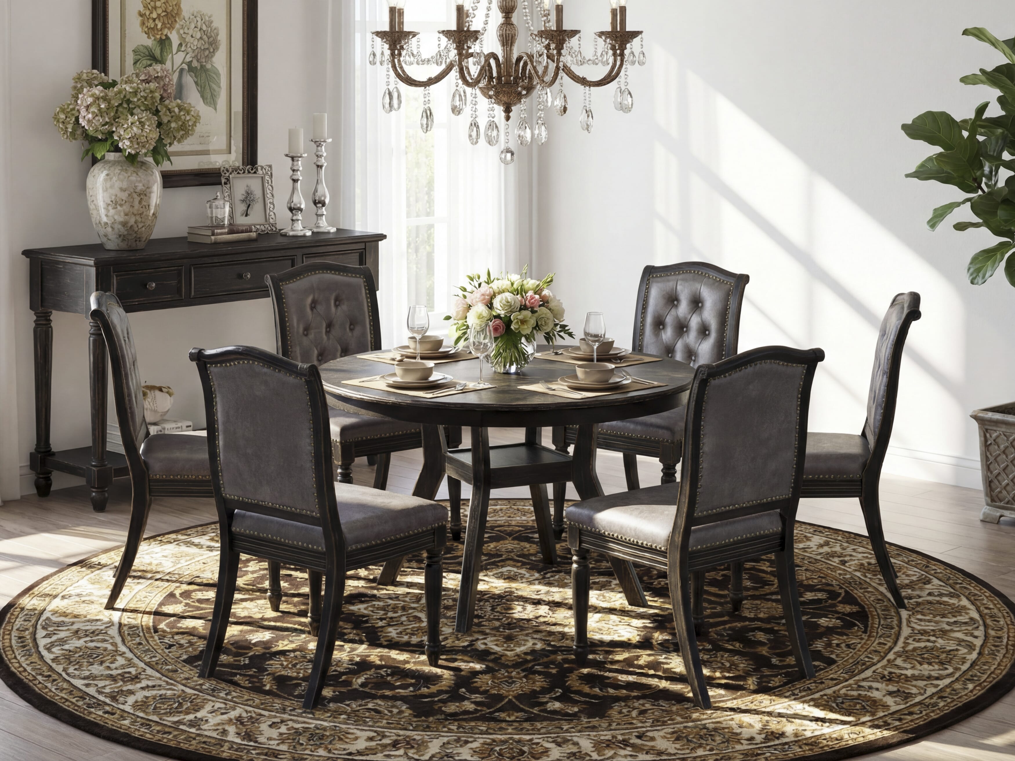 Luxe by East West Furniture - F8MA7-411-34 7-Piece Dinette Set Consists of a Round Modern Table and 6 Dark Gray Polyester Chairs with High Back, Sand Blasting Black Finish.