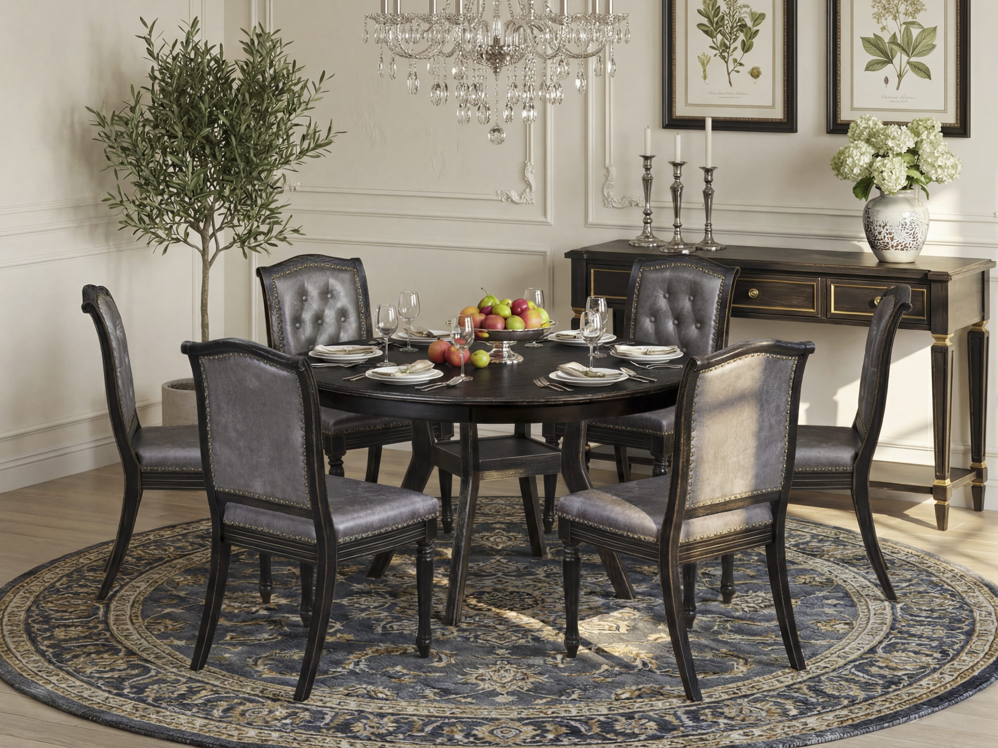 Luxe by East West Furniture - F8MA7-511-34 7-Piece Dining Room Table Set Contains a Round Modern Kitchen Table and 6 Dark Gray Polyester Chairs with High Back, Sand Blasting Black Finish.