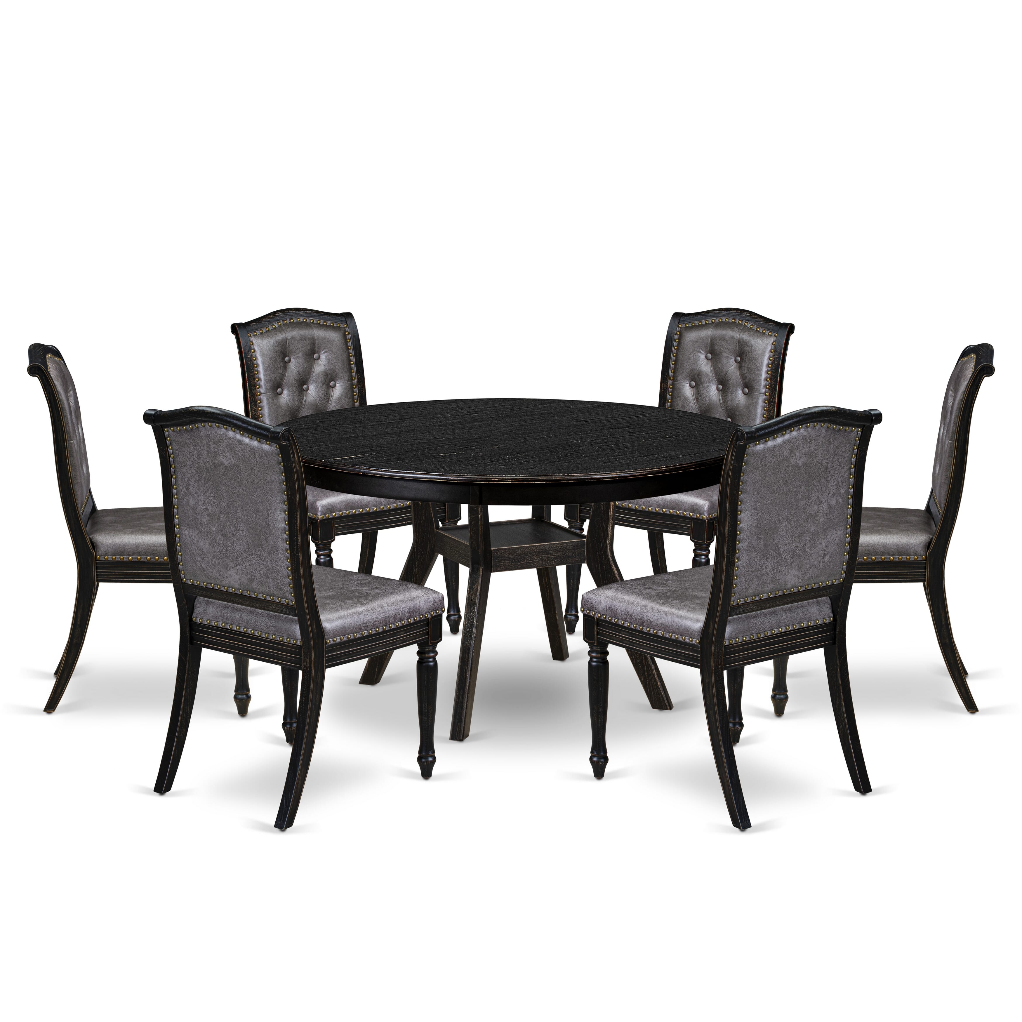 Luxe by East West Furniture - F8MA7-511-34 7-Piece Dining Room Table Set Contains a Round Modern Kitchen Table and 6 Dark Gray Polyester Chairs with High Back, Sand Blasting Black Finish.