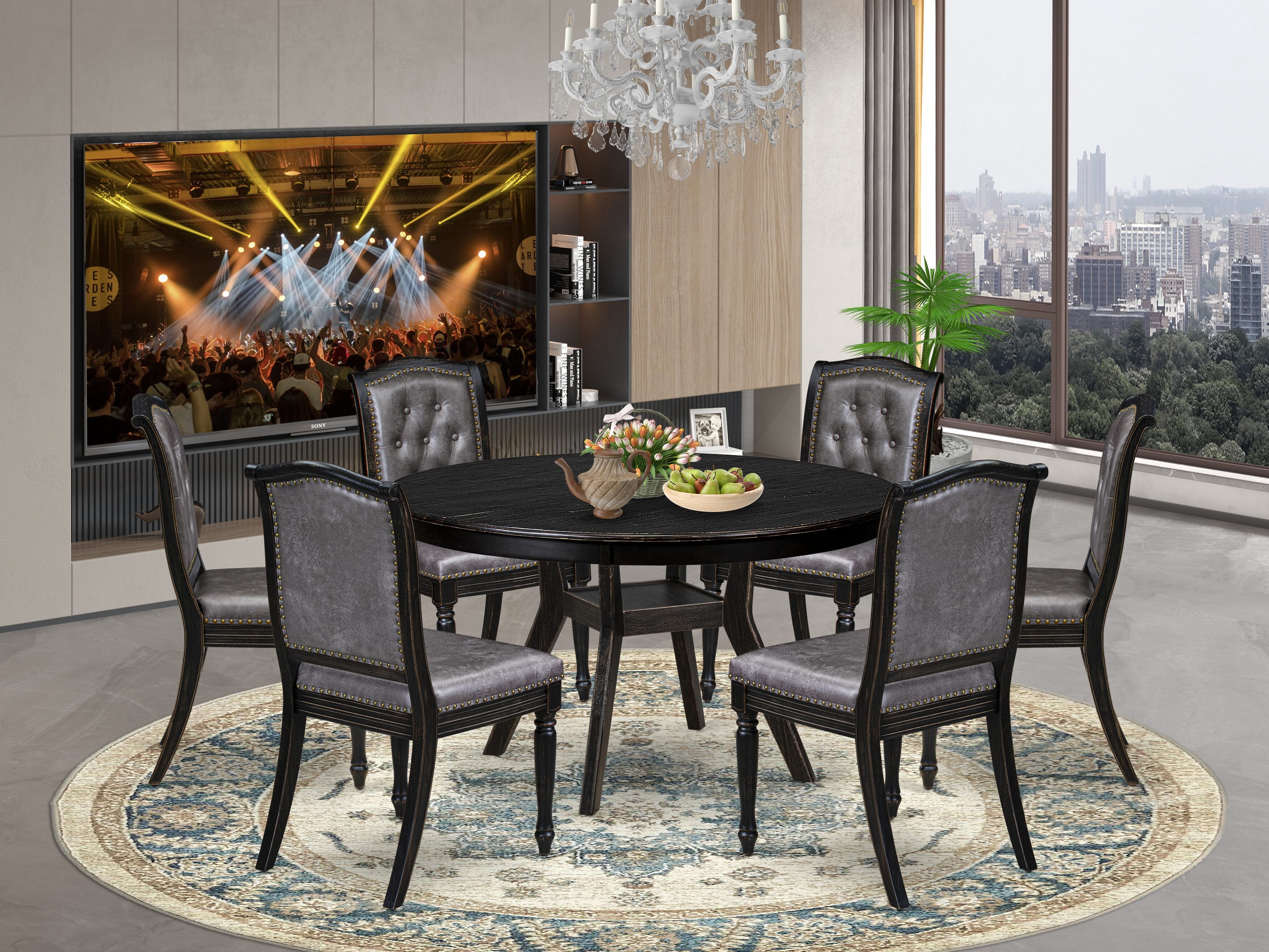 Luxe by East West Furniture - F8MA7-511-34 7-Piece Dining Room Table Set Contains a Round Modern Kitchen Table and 6 Dark Gray Polyester Chairs with High Back, Sand Blasting Black Finish.