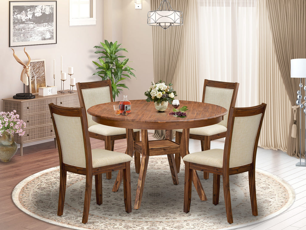 Luxe by East West Furniture F8MZ5-40N-02 5-Pc Kitchen Table Set Includes a Pedestal Dinner Table and 4 Light Beige Linen Fabric Dining Chairs with Padded Back - Antique Walnut