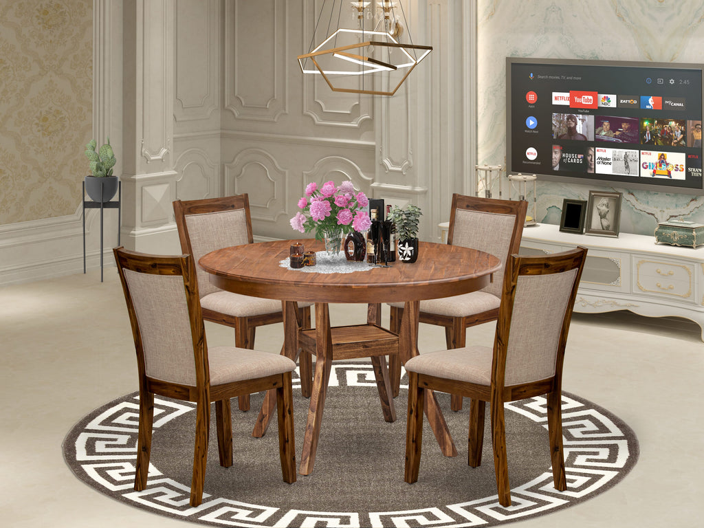 Luxe by East West Furniture F8MZ5-40N-04 5-Pc Dining Set Includes a Pedestal Breakfast Table and 4 Light Tan Linen Fabric Modern Chairs with Padded Back- Antique Walnut Finish