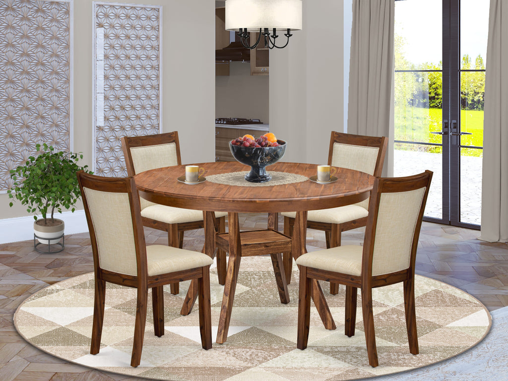 Luxe by East West Furniture F8MZ5-50N-02 5-Pc Dining Set Includes a Pedestal Dinner Table and 4 Light Beige Linen Fabric Kitchen Chairs with Padded Back - Antique Walnut Finish