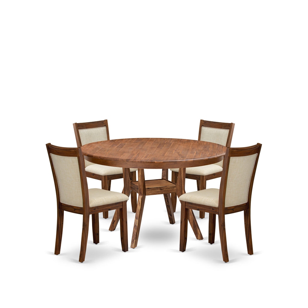 Luxe by East West Furniture F8MZ5-50N-02 5-Pc Dining Set Includes a Pedestal Dinner Table and 4 Light Beige Linen Fabric Kitchen Chairs with Padded Back - Antique Walnut Finish
