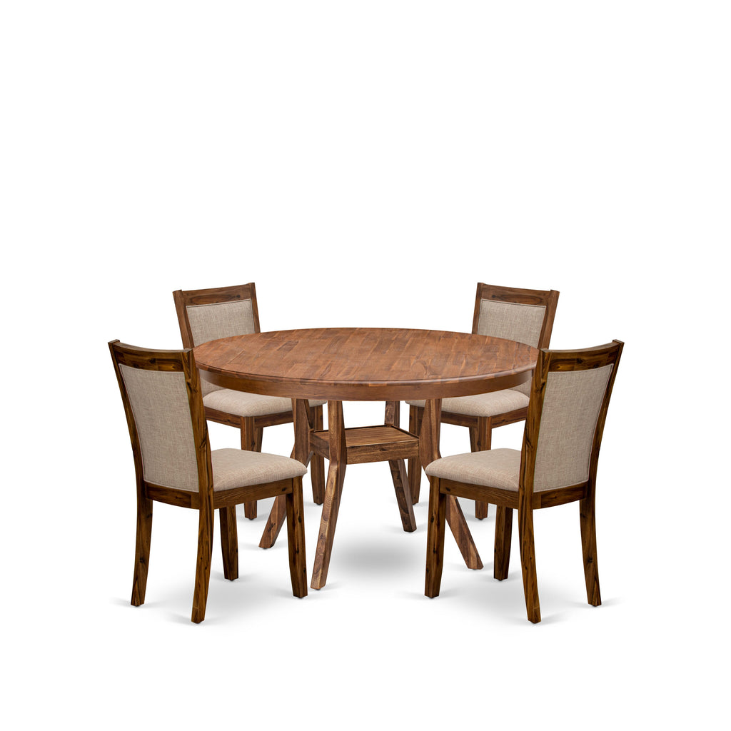 Luxe by East West Furniture F8MZ5-50N-04 5-Pc Modern Dining Set Includes a Pedestal Wooden Table and 4 Light Tan Linen Fabric Dining Chairs with Padded Back- Antique Walnut
