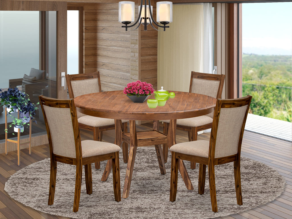 Luxe by East West Furniture F8MZ5-50N-04 5-Pc Modern Dining Set Includes a Pedestal Wooden Table and 4 Light Tan Linen Fabric Dining Chairs with Padded Back- Antique Walnut