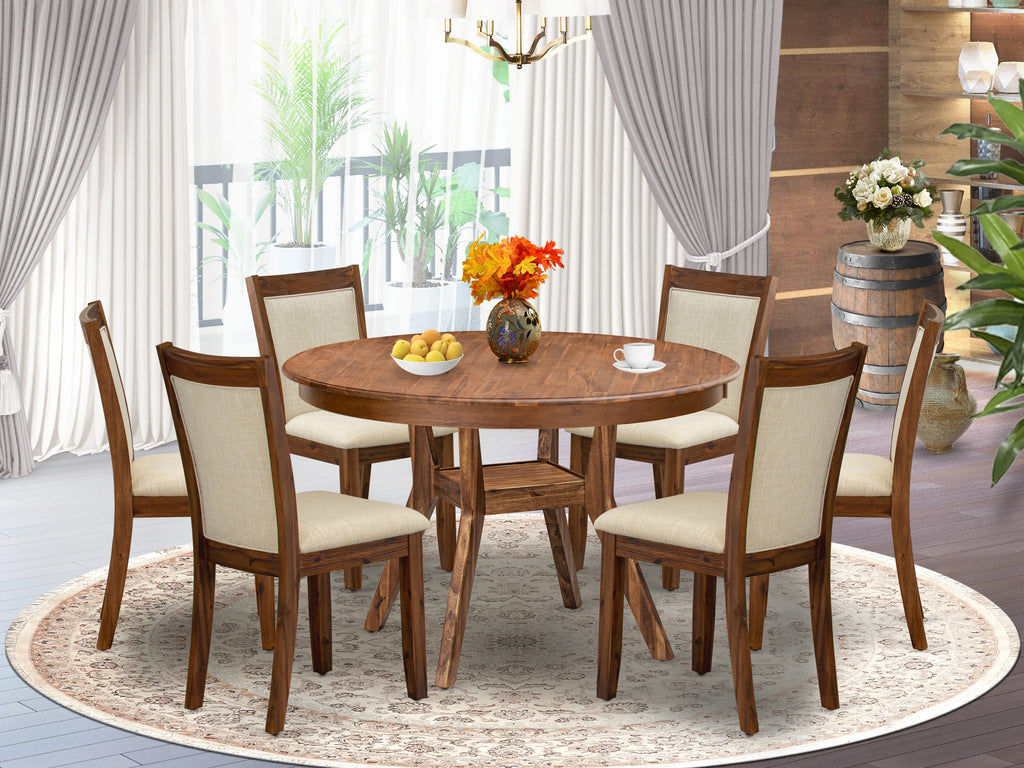 Luxe by East West Furniture F8MZ7-40N-02 7-Pc Modern Dining Set consists of a Pedestal Kitchen Table & 6 Light Beige Linen Fabric Parson Chairs with Padded Back - Antique Walnut